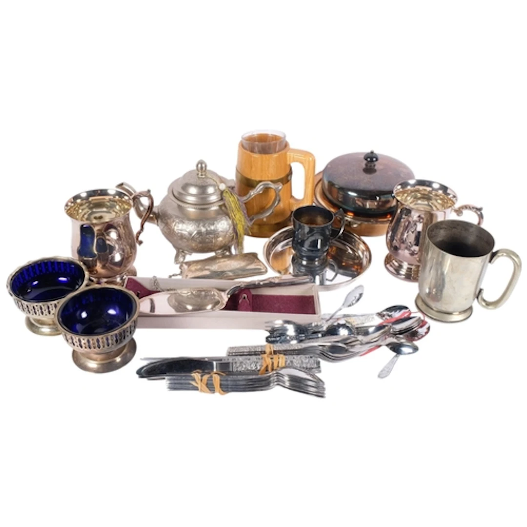 A collection of various silver plated items, including teapo...