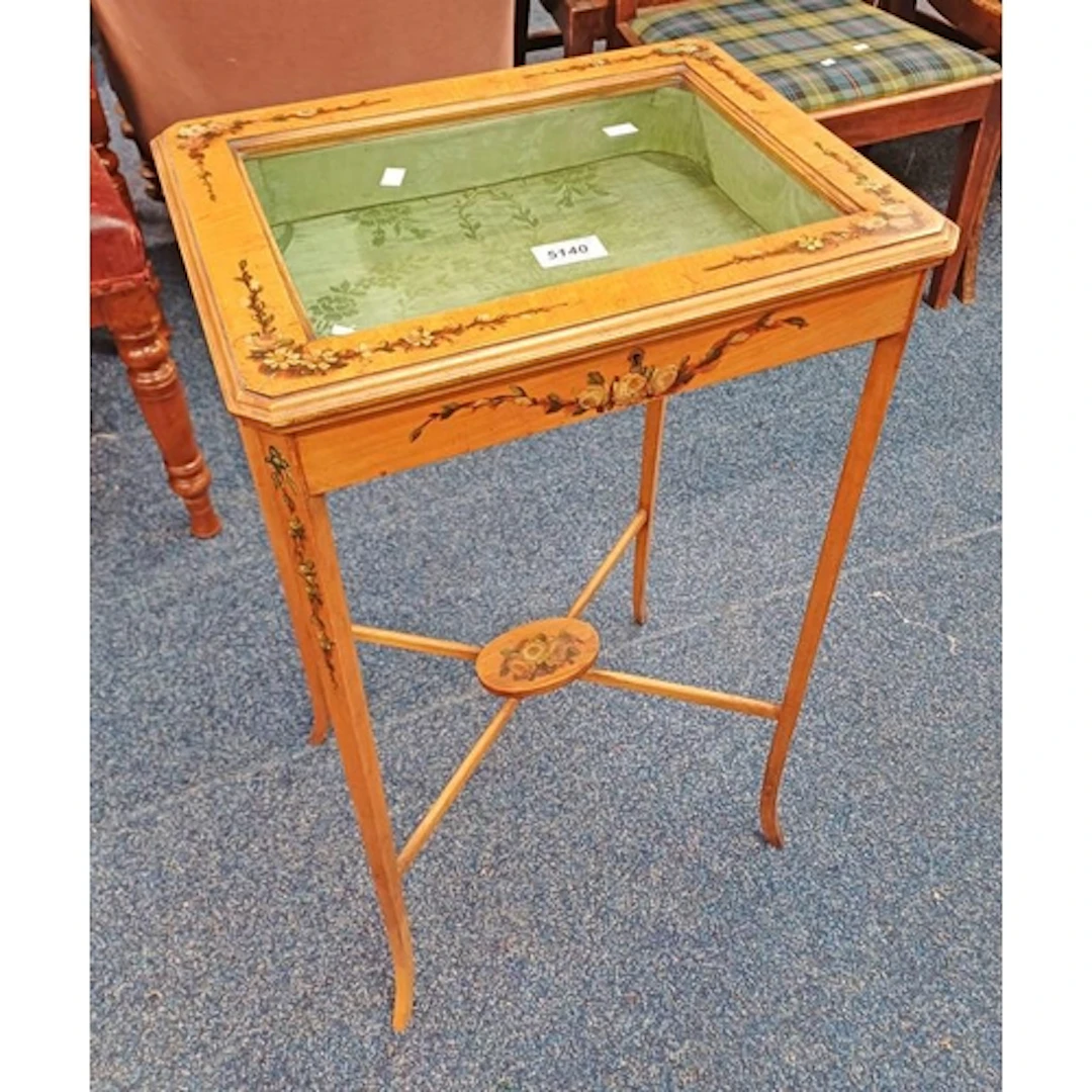 EARLY 20TH CENTURY SATIN WOOD BIJOUTERIE TABLE WITH GLAZED L...