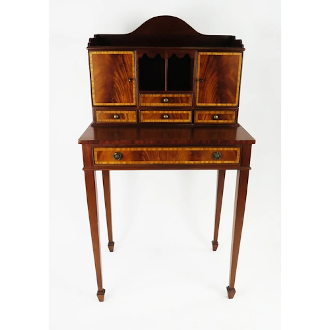 A reproduction mahogany and satinwood banded bureau de dame,...