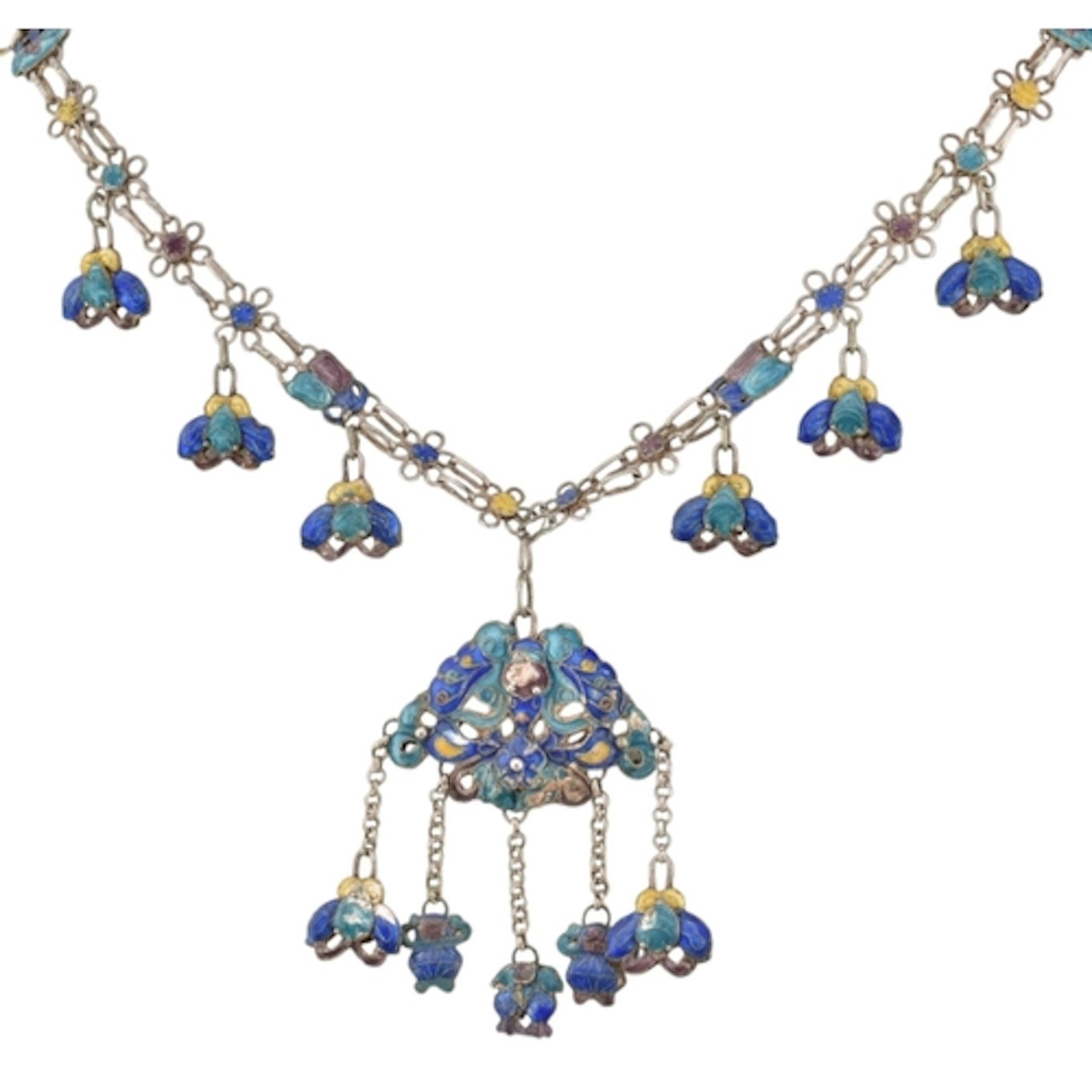 A Chinese white metal and enamel pendant necklace. The neckl...