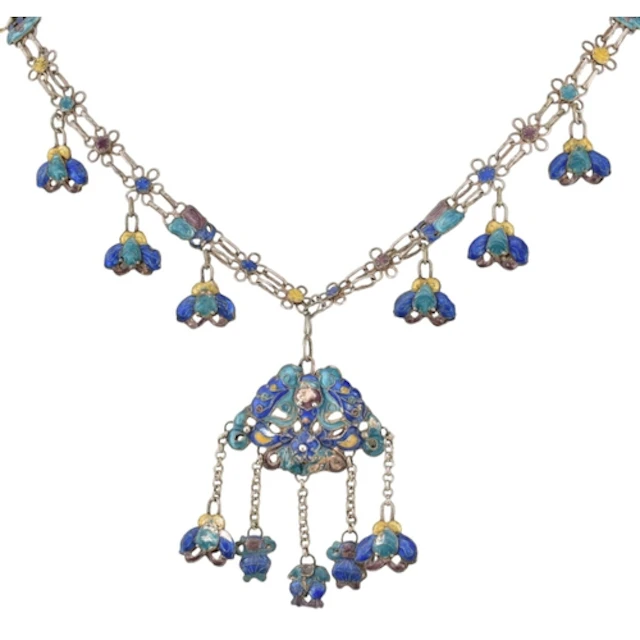 A Chinese white metal and enamel pendant necklace. The neckl...