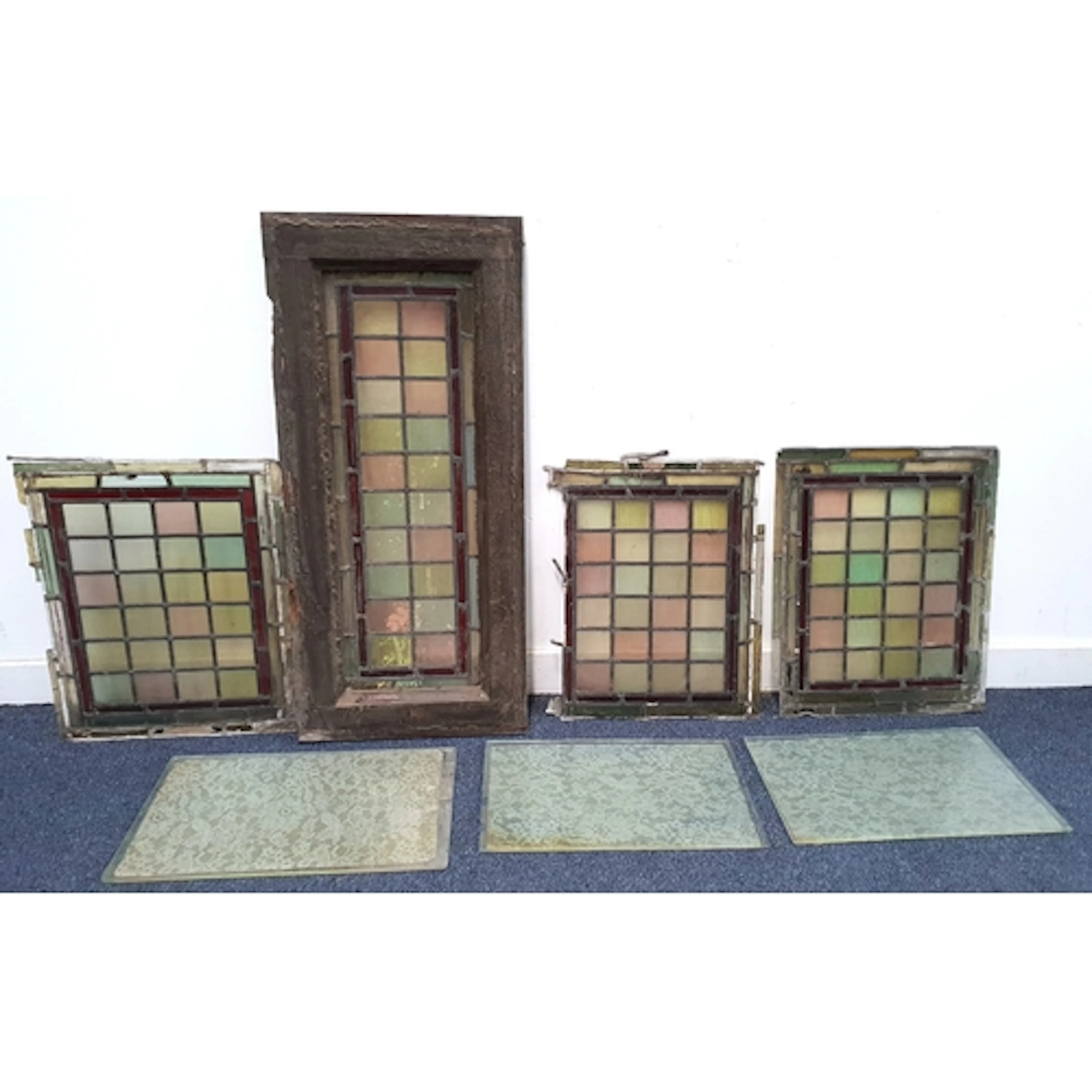 SELECTION OF ANTIQUE MULTICOLOURED STAINED GLASS AND LEAD PA...