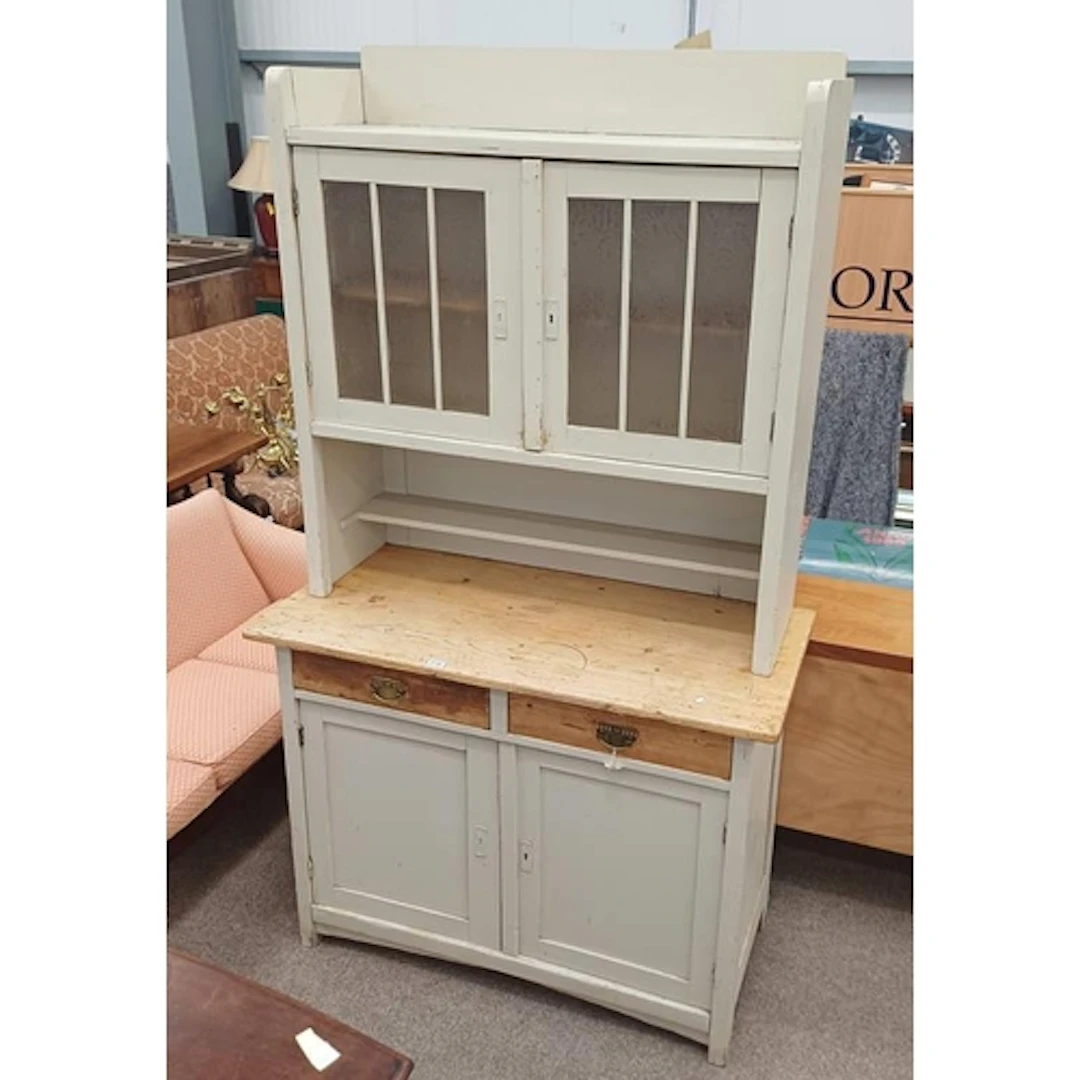 PAINTED PINE CABINET WITH 2 GLAZED DOORS OVER BASE OF 2 DRAW...