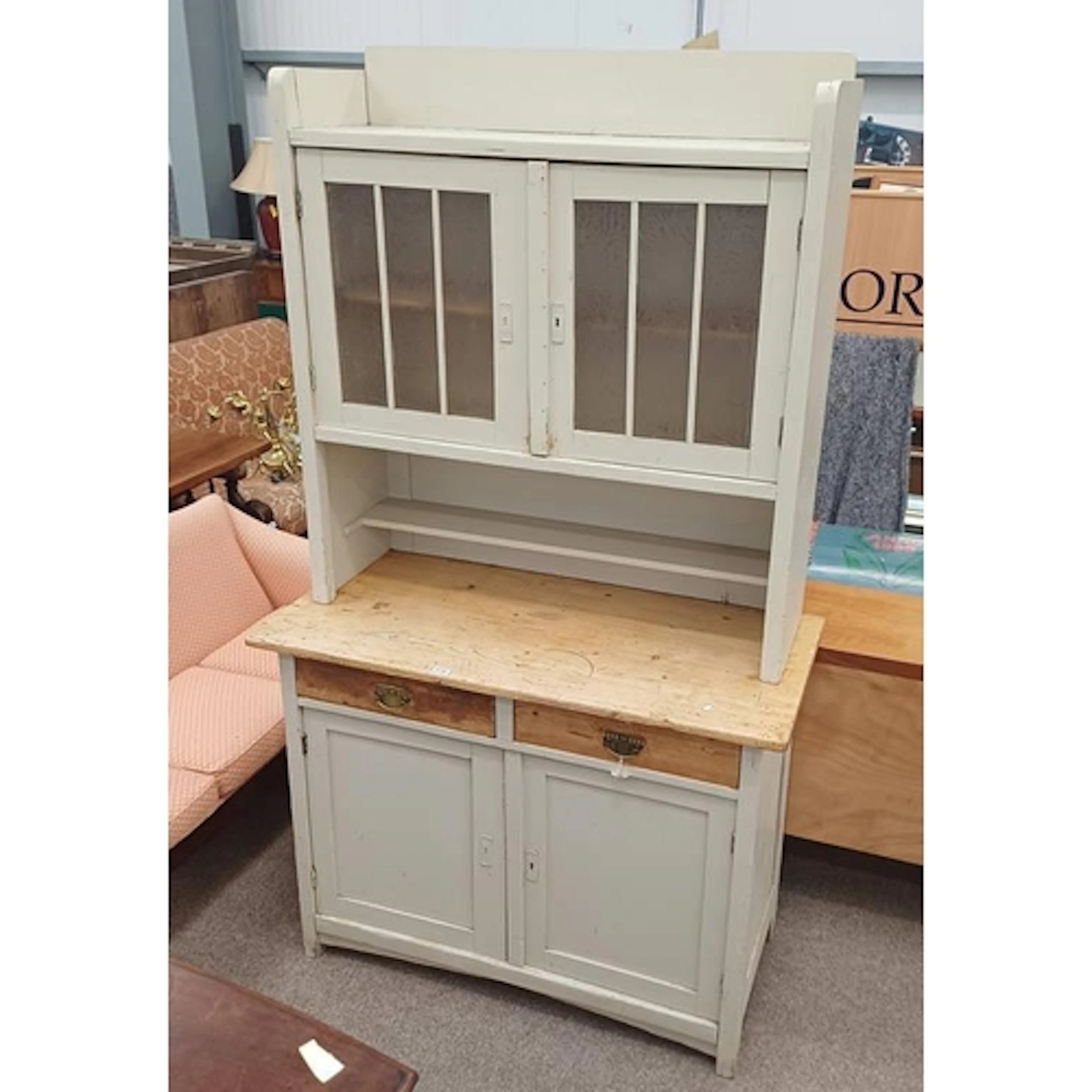 PAINTED PINE CABINET WITH 2 GLAZED DOORS OVER BASE OF 2 DRAW...