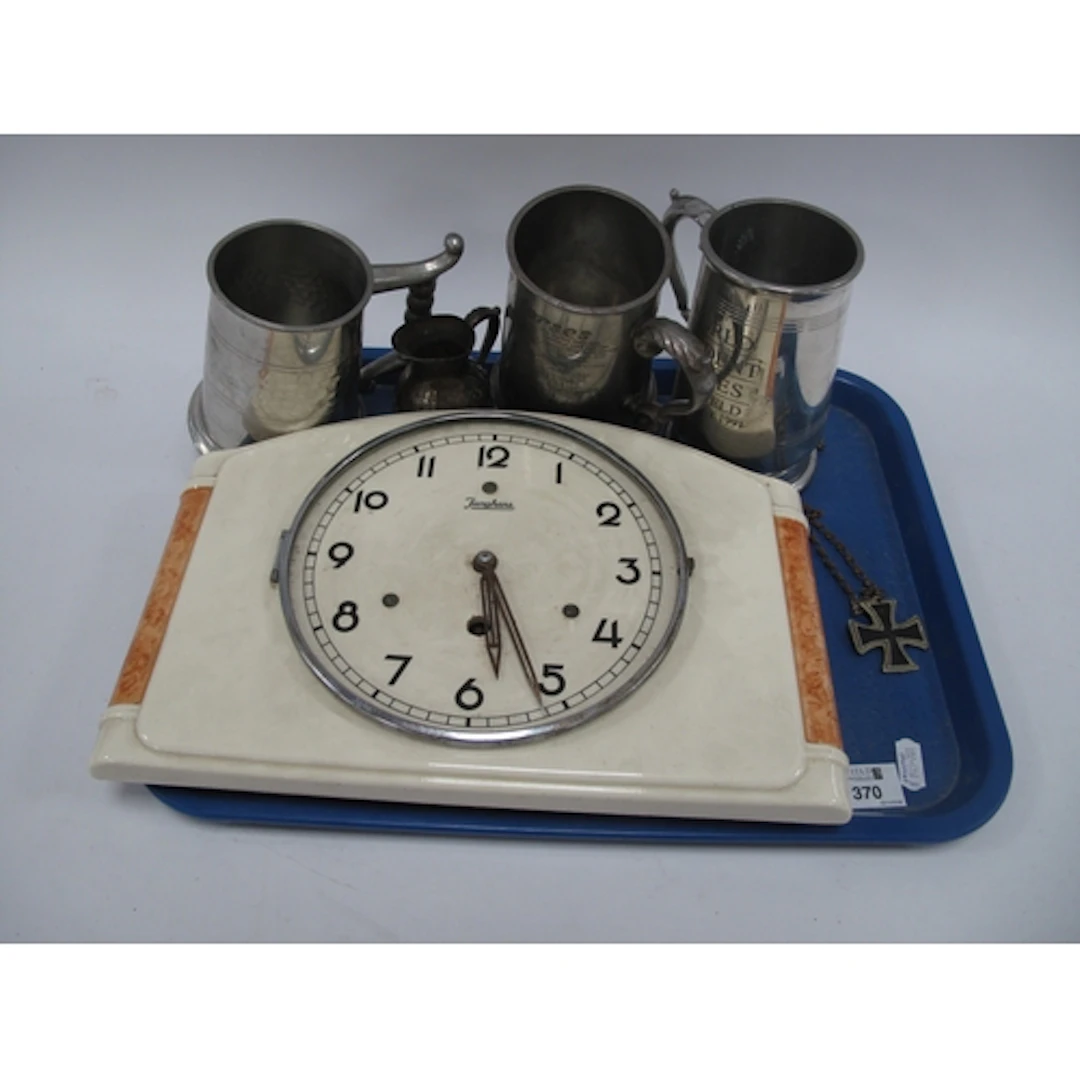 Junghans Ceramic Wall Clock, pewter tankards, jug, pendant o...
