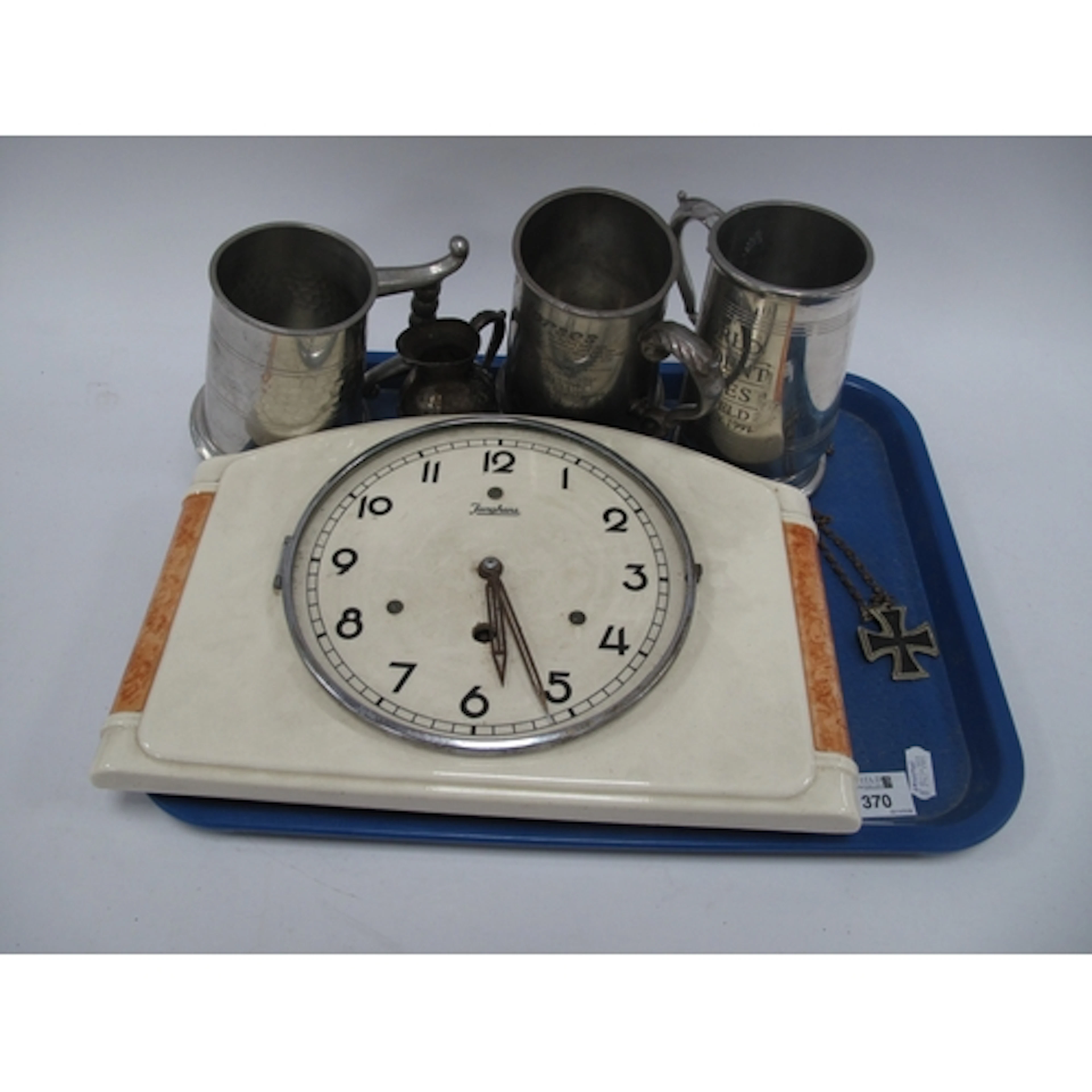Junghans Ceramic Wall Clock, pewter tankards, jug, pendant o...