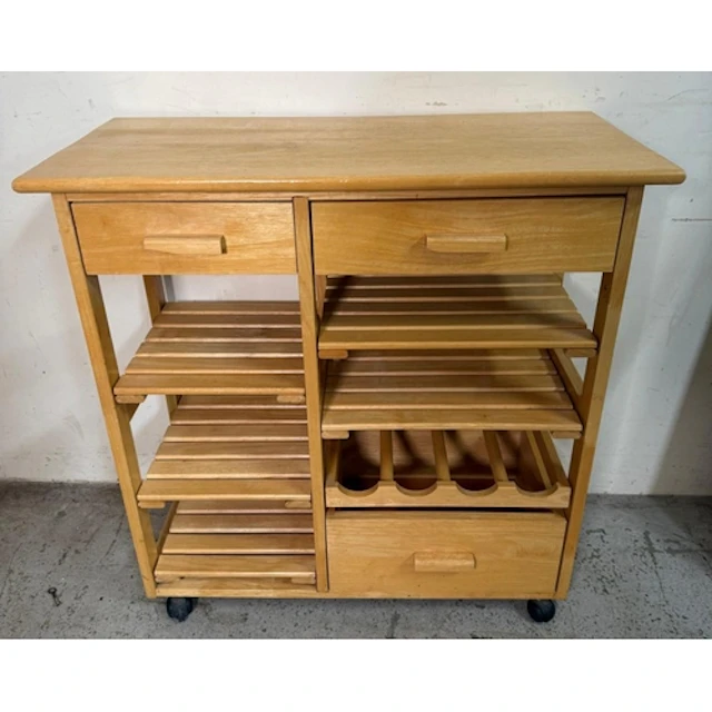 A wooden kitchen trolley featuring multi-tier slatted shelve...