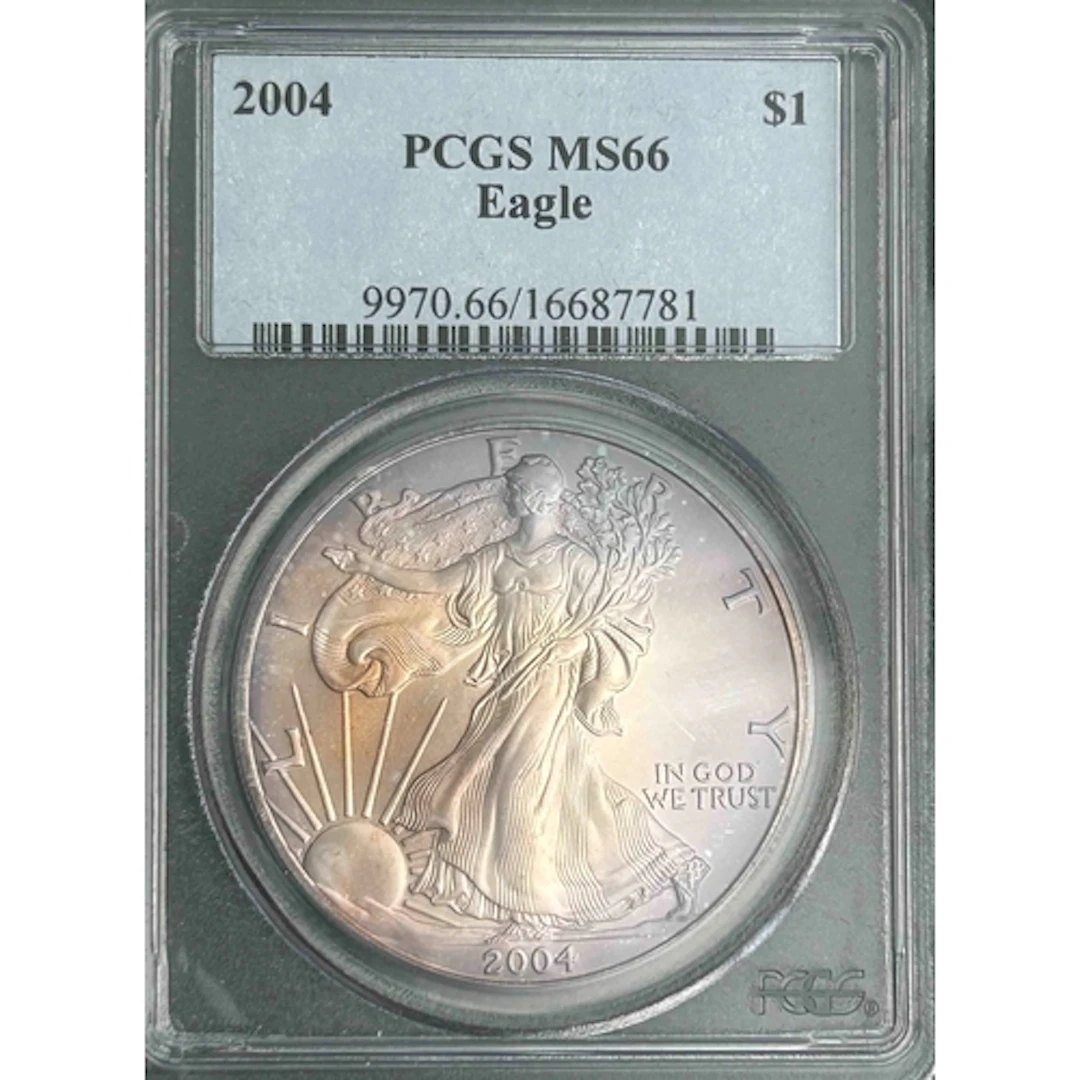 2004 USA $1 silver Eagle coin, slabbed and graded by P.C.G.S...