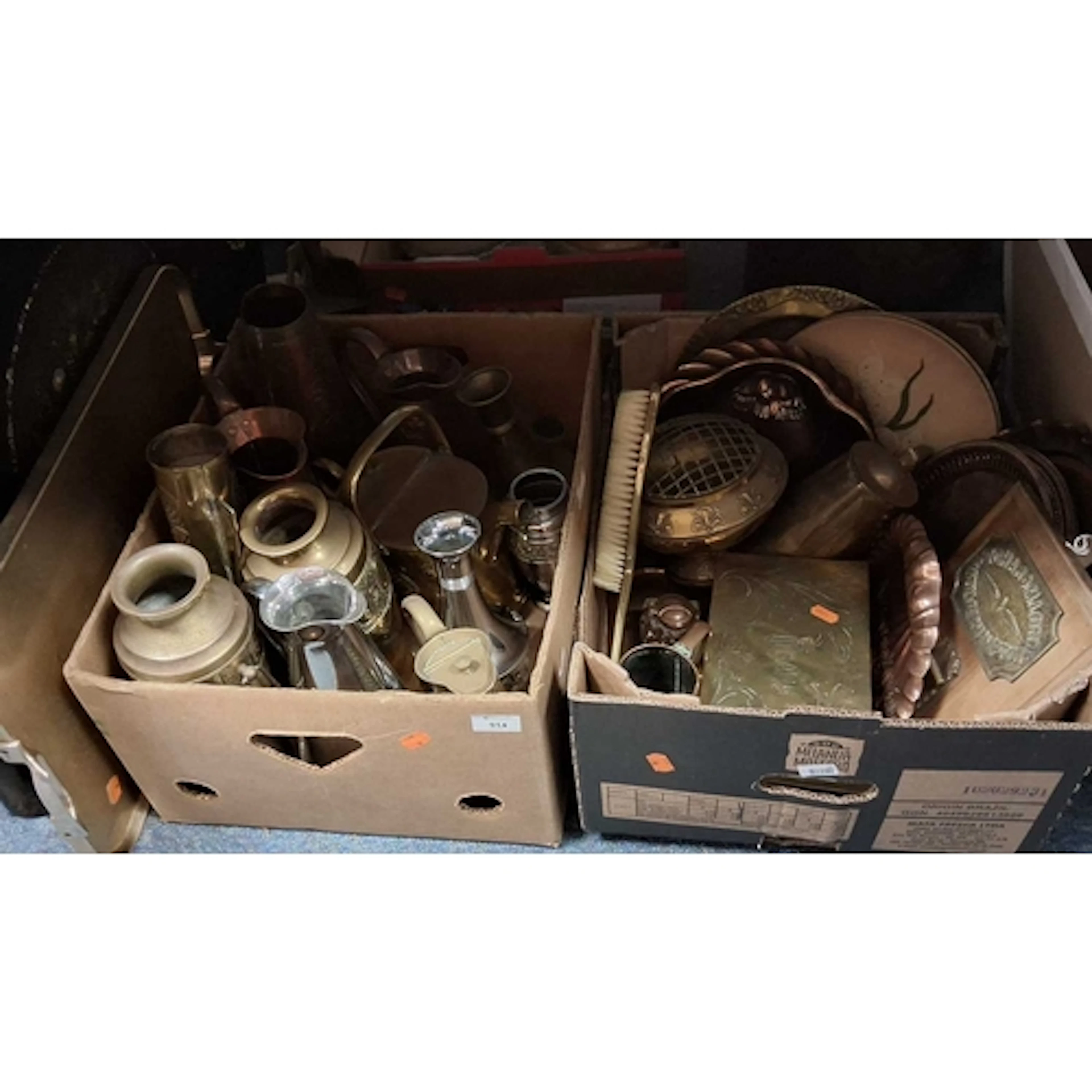 TWO BOXES AND LOOSE METALWARE, to include copper trays/plate...