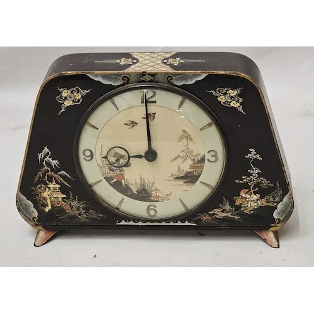 Vintage Black Chinoiserie Mantel Clock with hand-painted des...