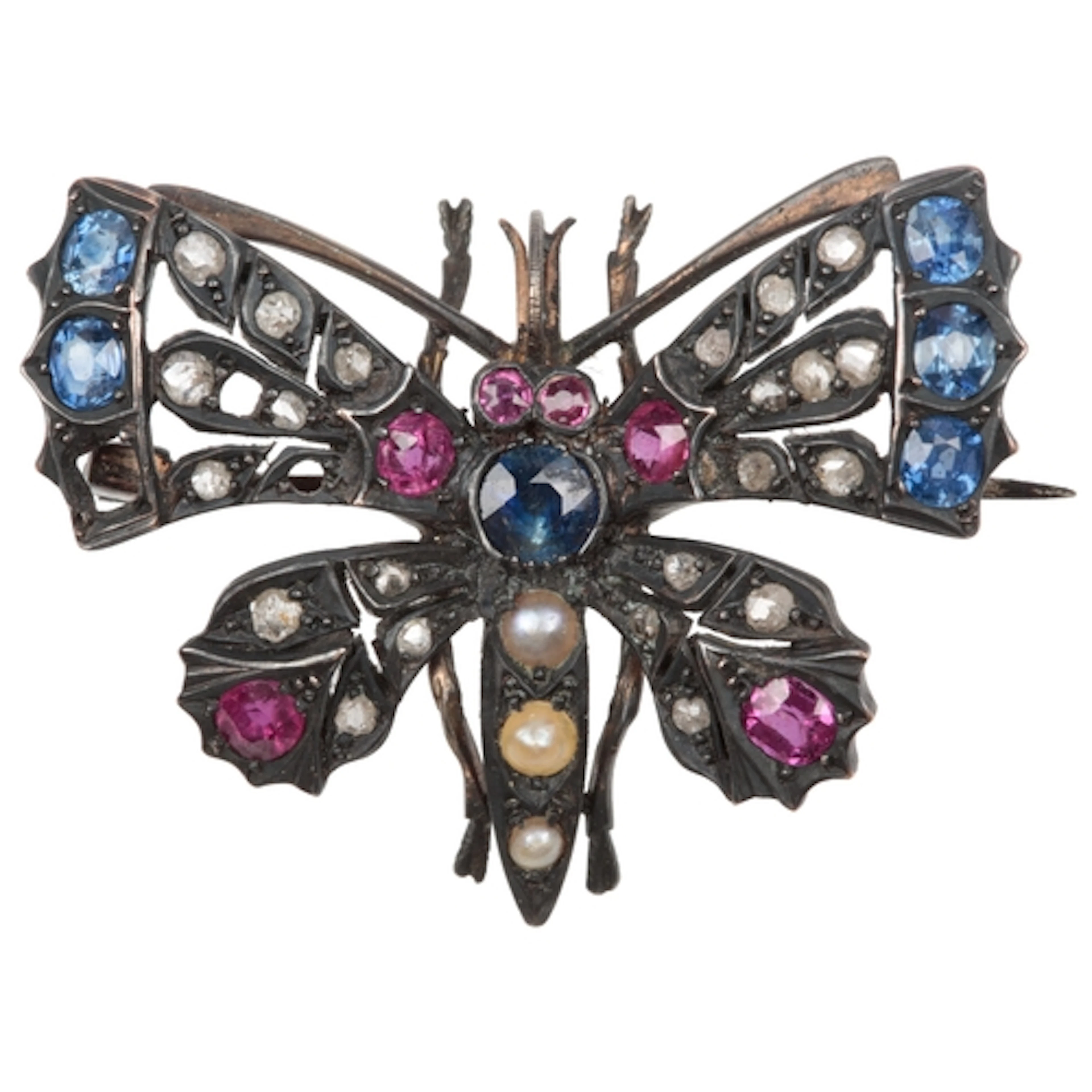 A ruby, sapphire, untested pearl and diamond butterfly brooc...