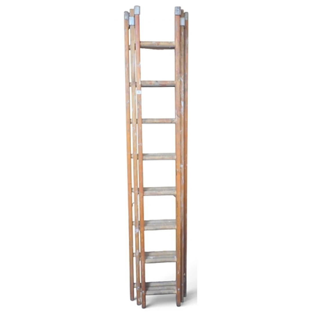 A 20th century teak set of telescoping ladders, 211 height a...