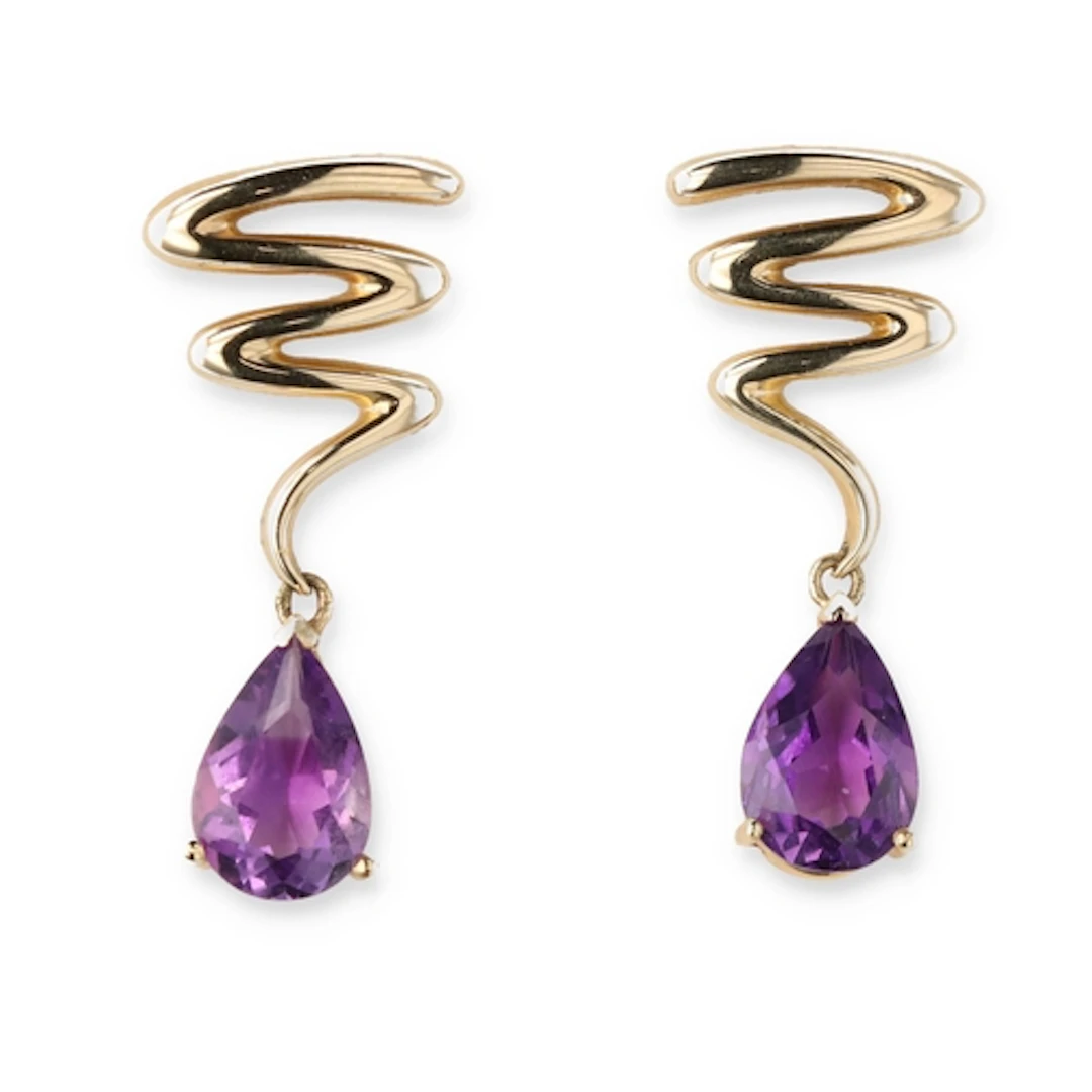 A PAIR OF 14CT GOLD AMETHYST SPIRAL DESIGN EARRINGS In Colum...