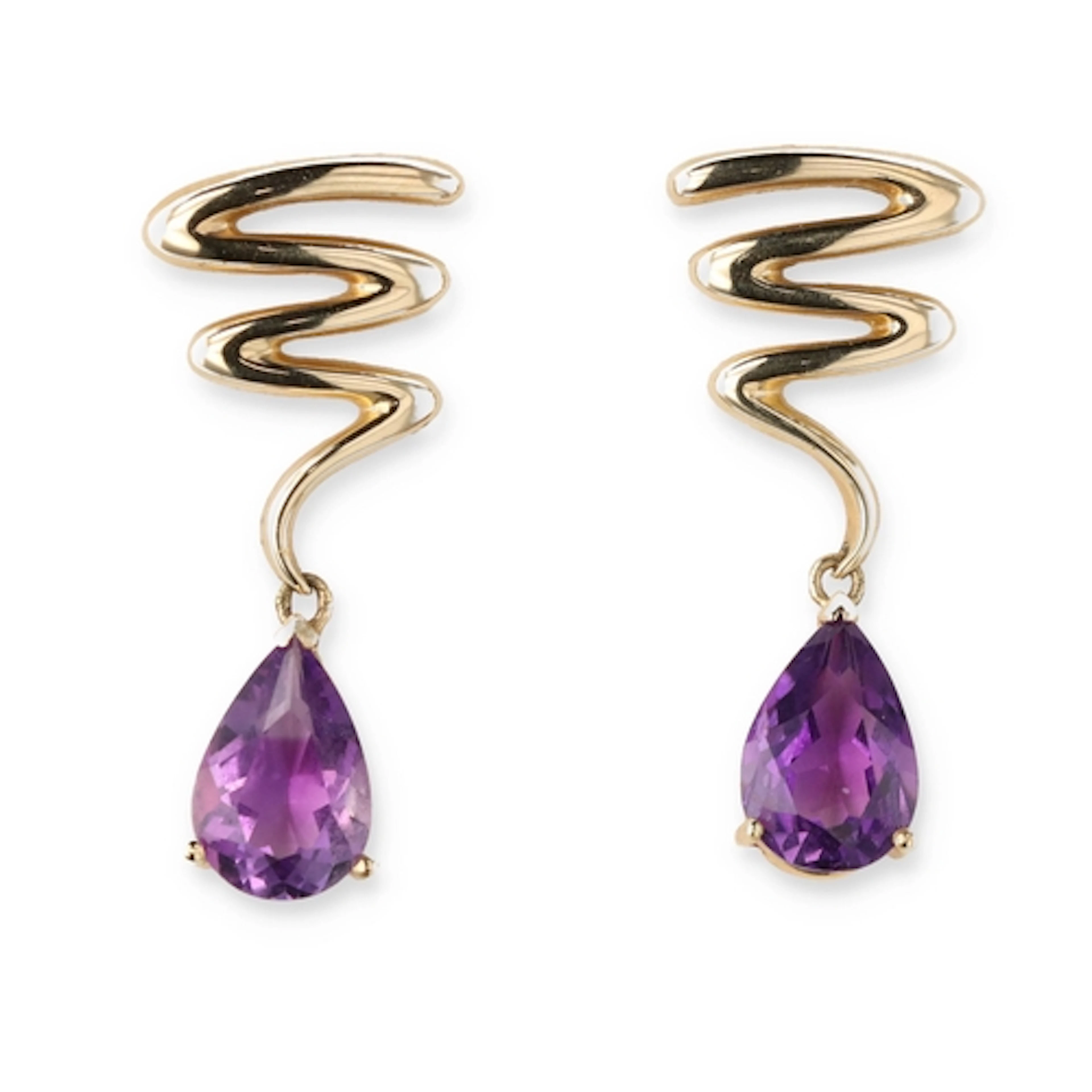 A PAIR OF 14CT GOLD AMETHYST SPIRAL DESIGN EARRINGS In Colum...