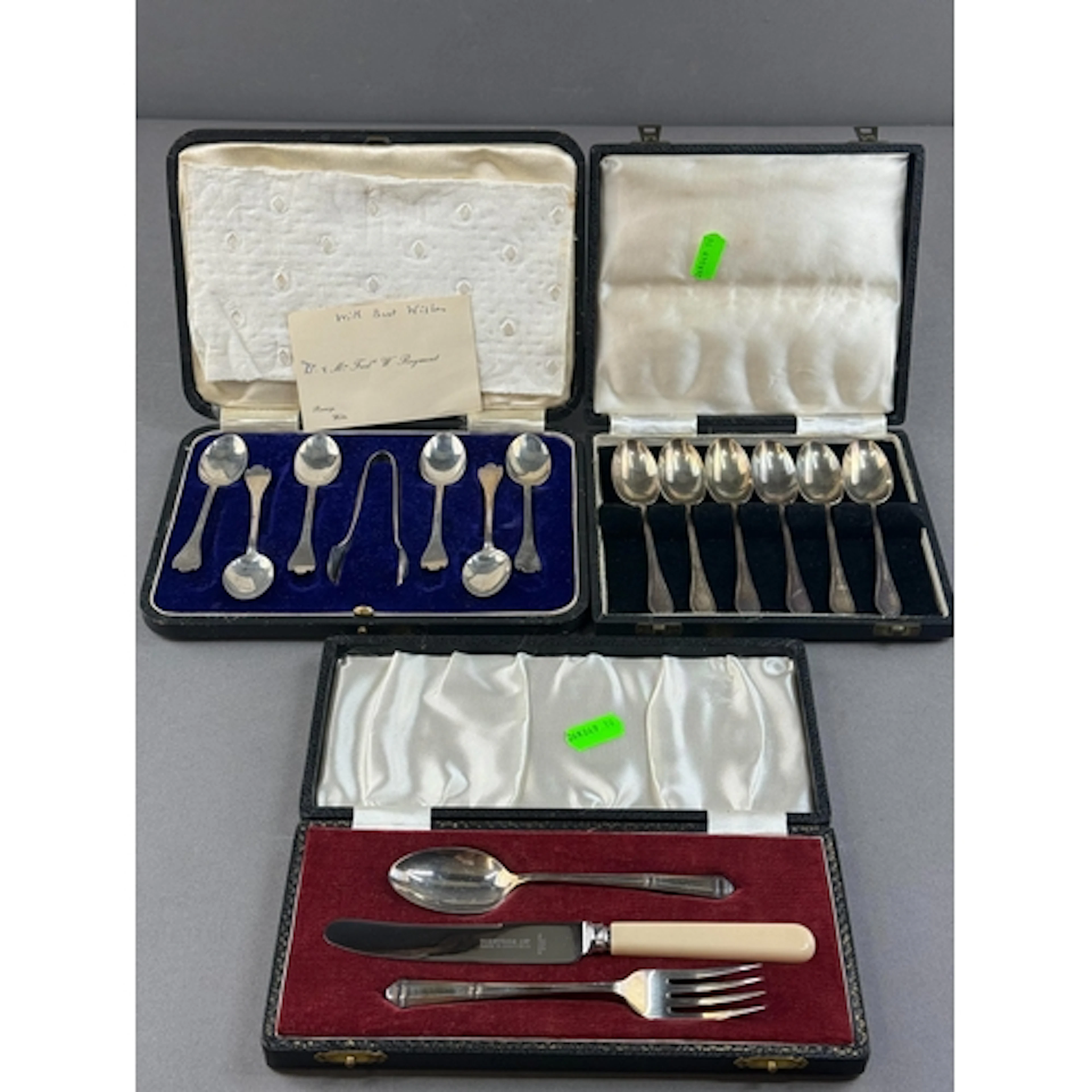 Silver: a boxed set of trefid coffee spoons and tongs, Sheff...