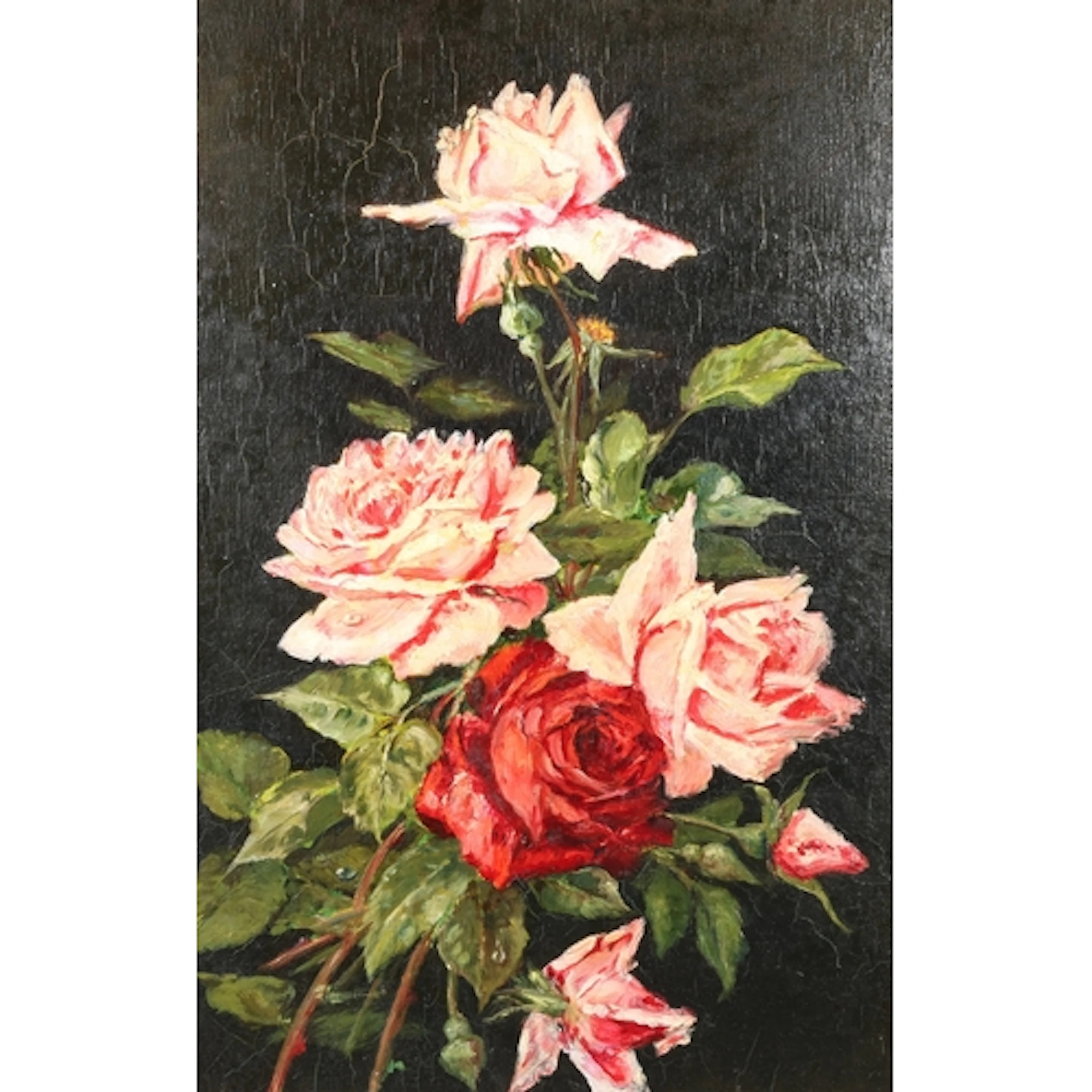 Vintage oil painting depicting red and pink roses and rosebu...