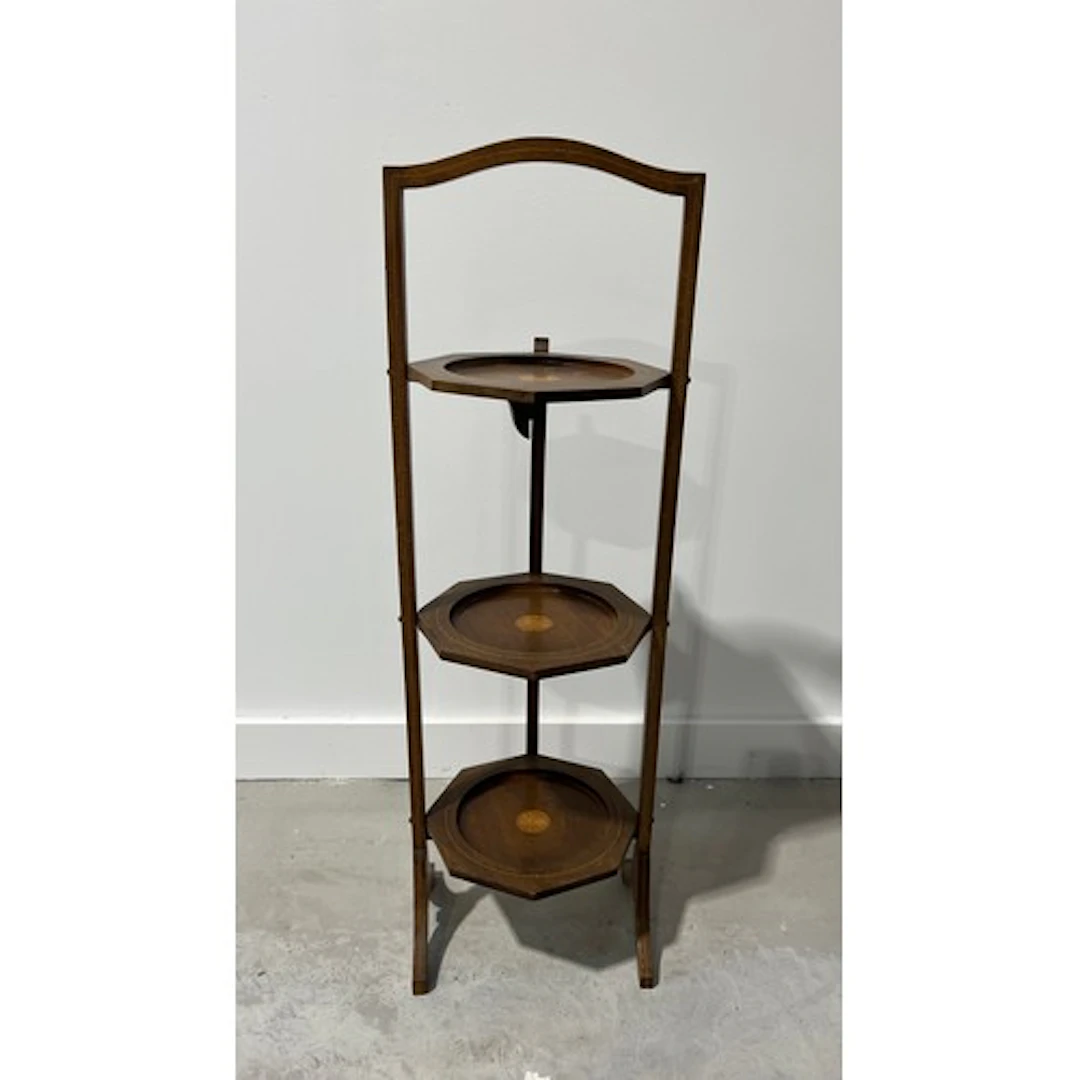 Three tier cake stand with marquetry inlay, 82cm tall