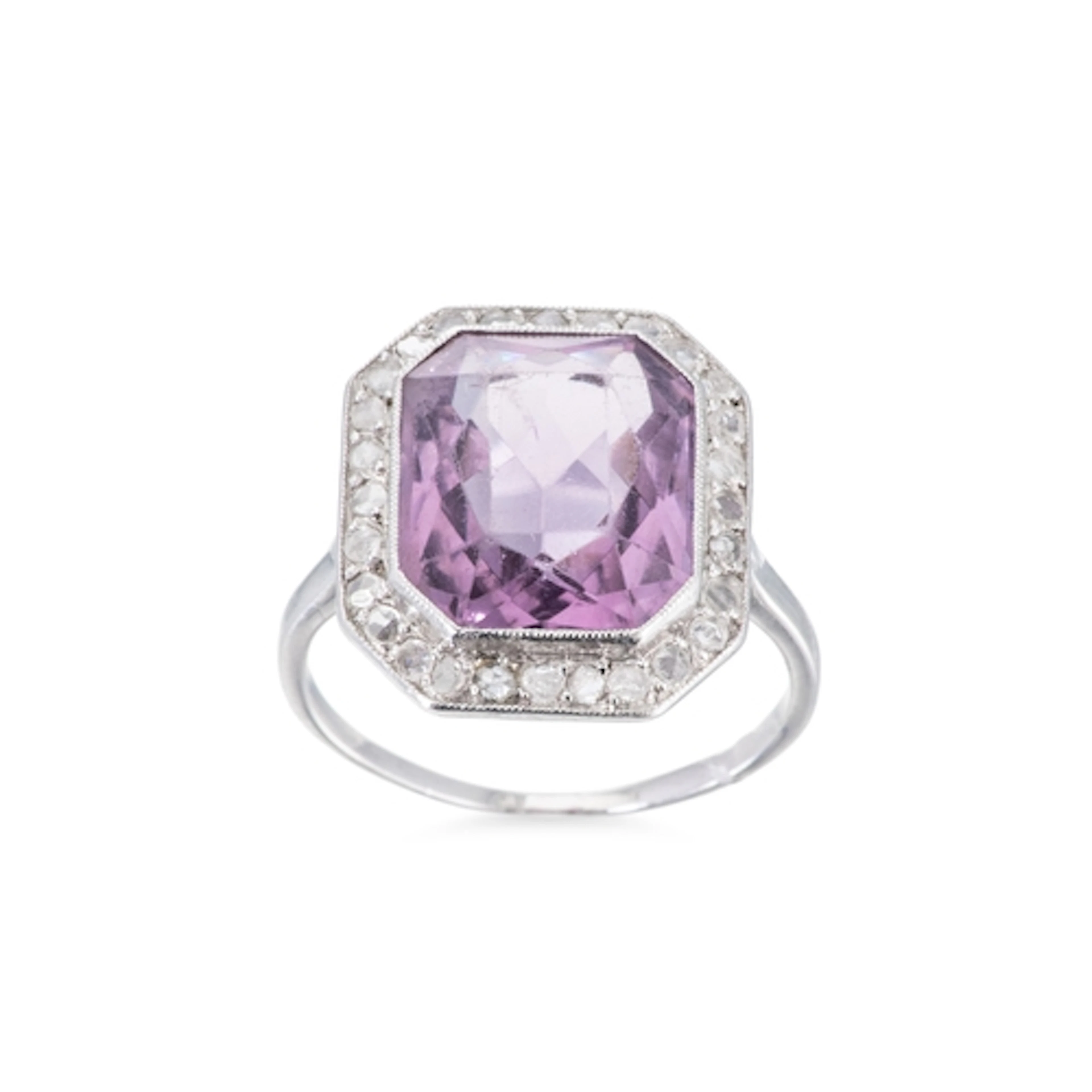 A VINTAGE AMETHYST AND DIAMOND CLUSTER RING, the rectangular...