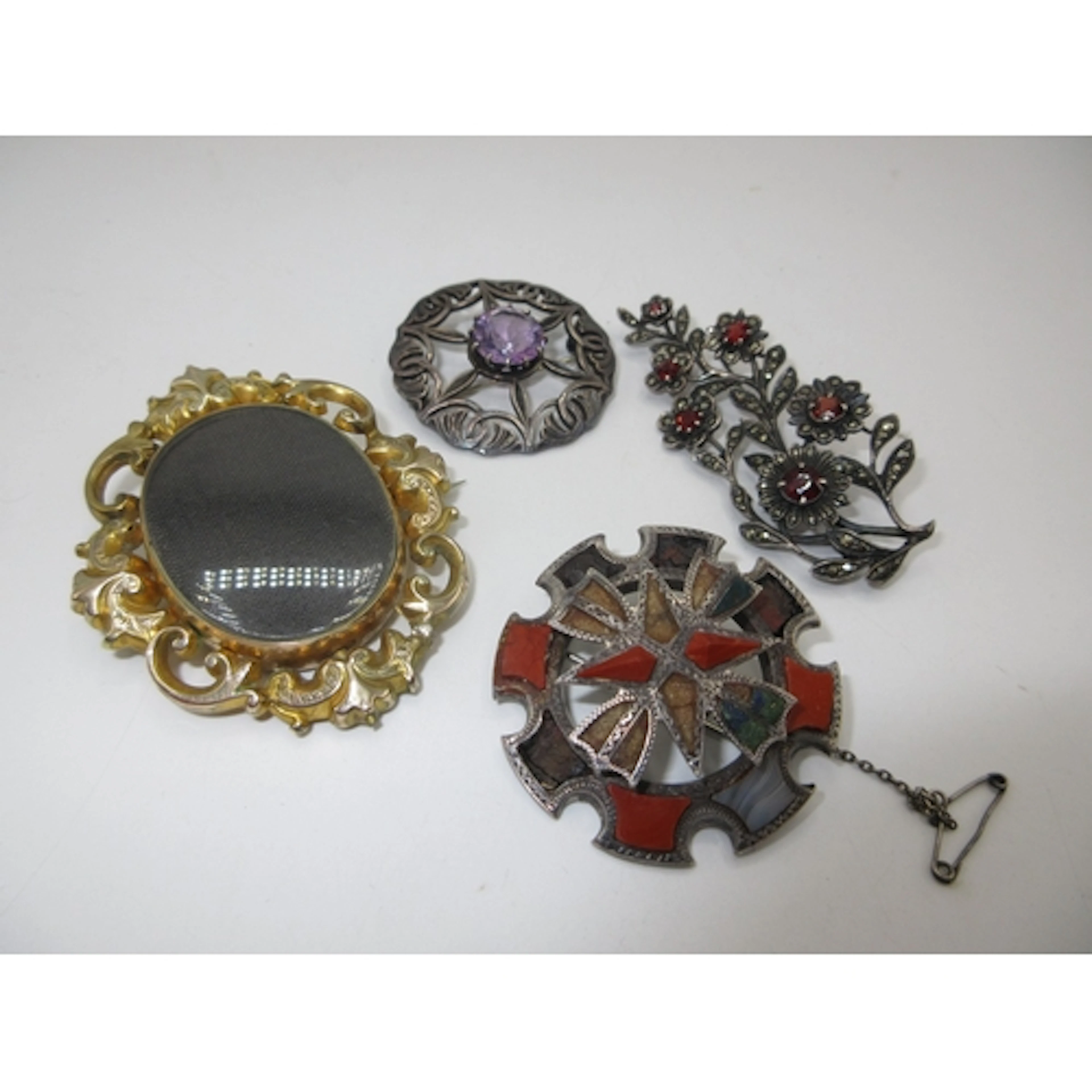 Scottish Silver and Purple Stone Brooch by JH, Silver Red St...