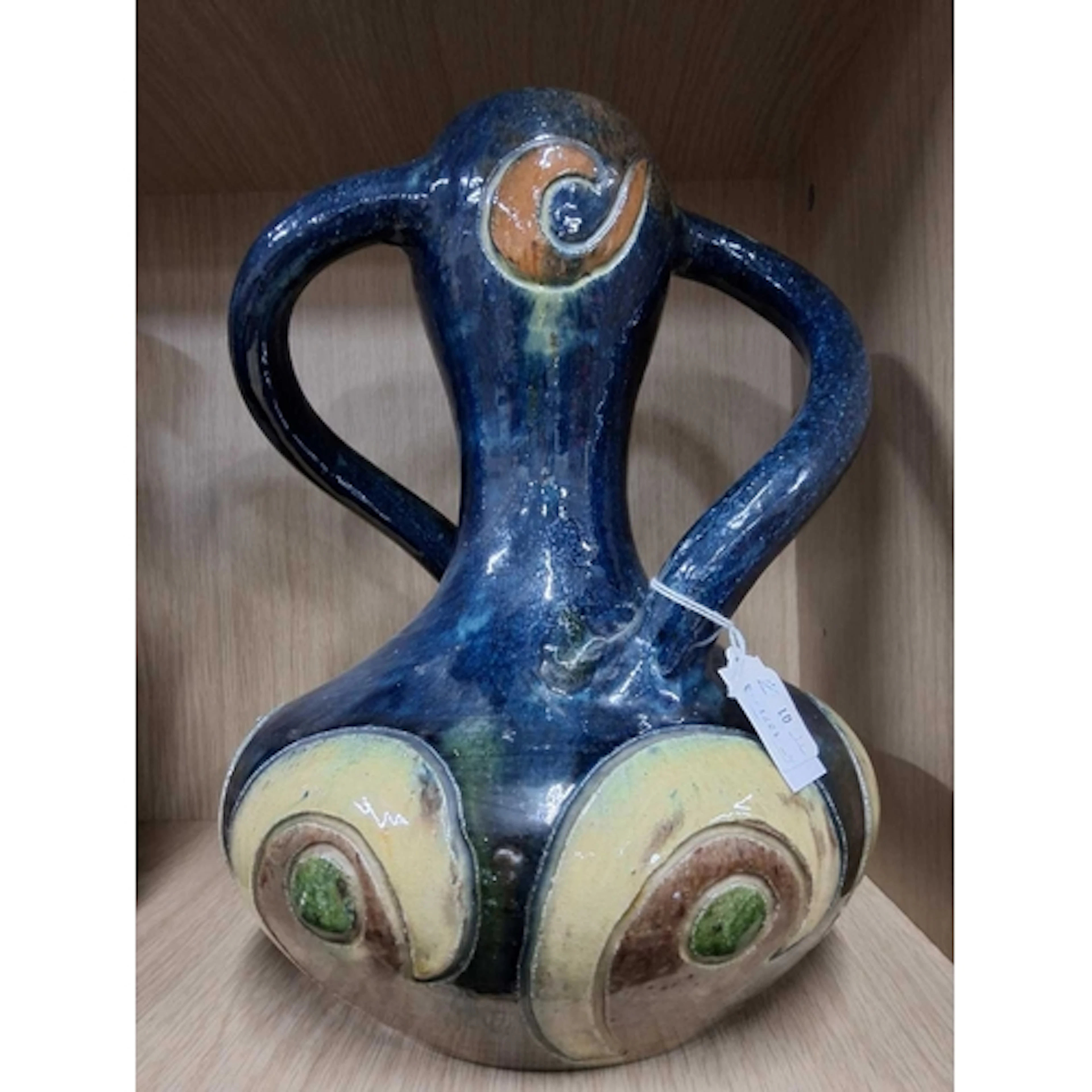 A TWIN HANDLED ART NOUVEAU BELGIAN STONEWARE VASE, with inci...