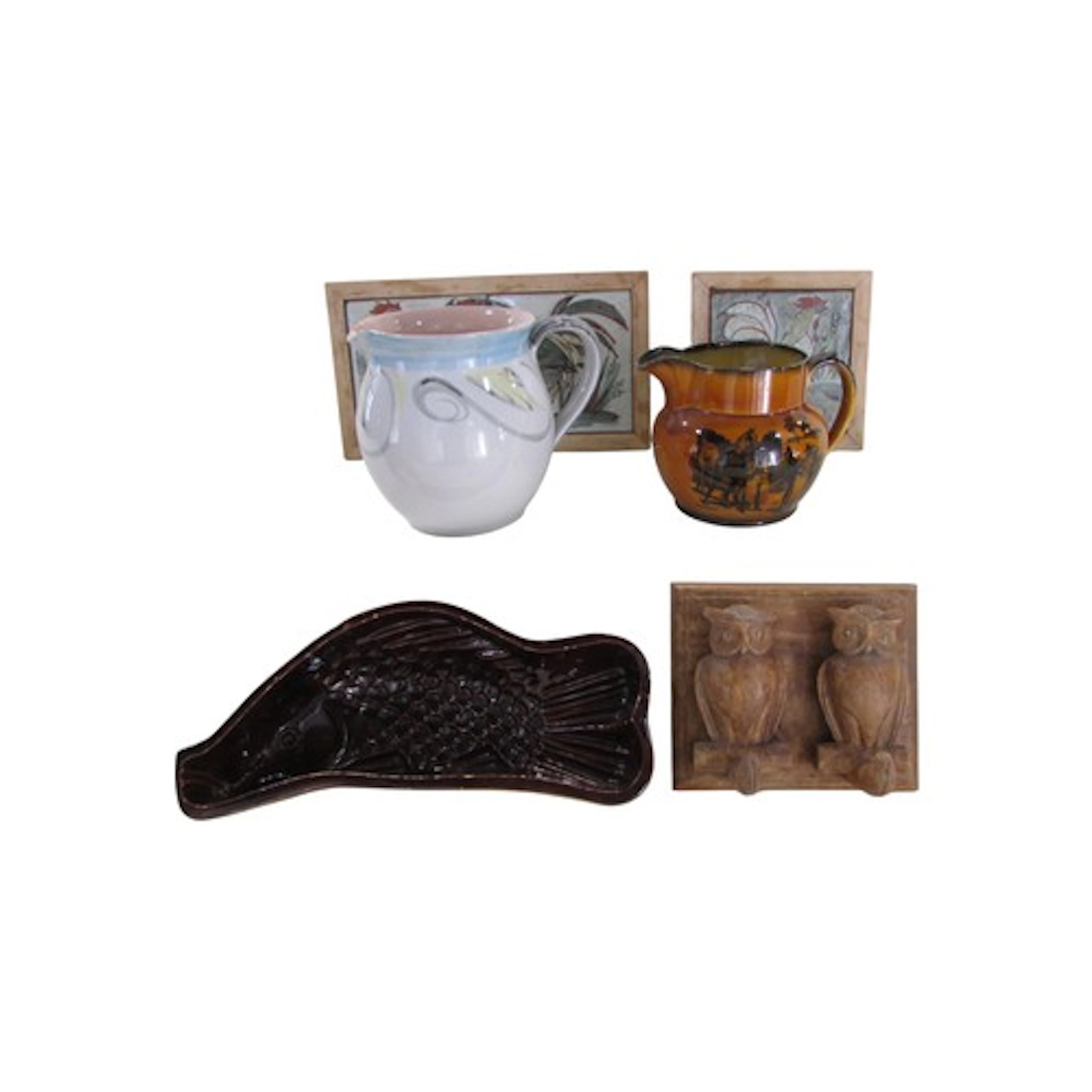 Carved hardwood coat hooks detailing owls, two ceramic tiles...