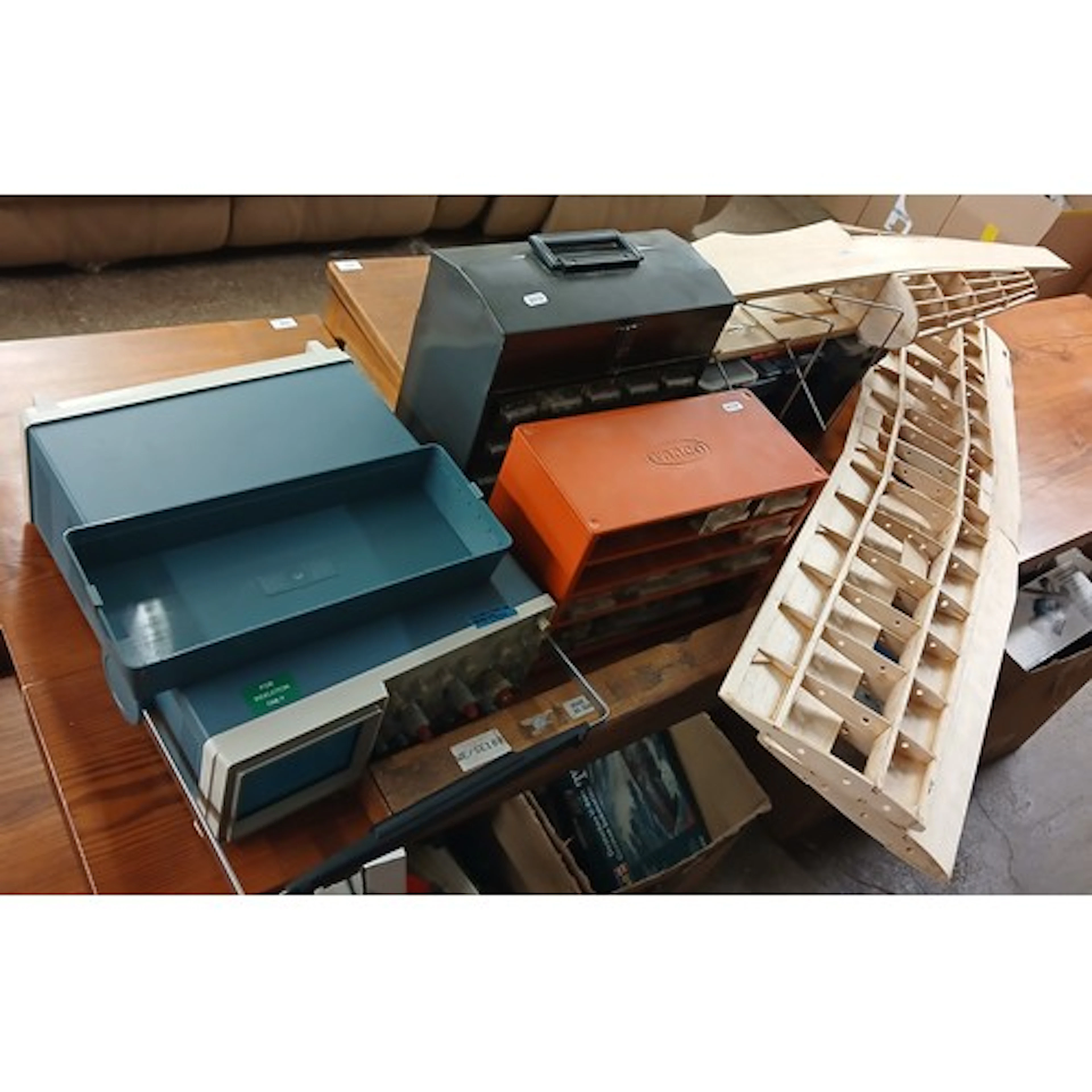 Model wooden plane, tool box of assorted tools, two parts bo...