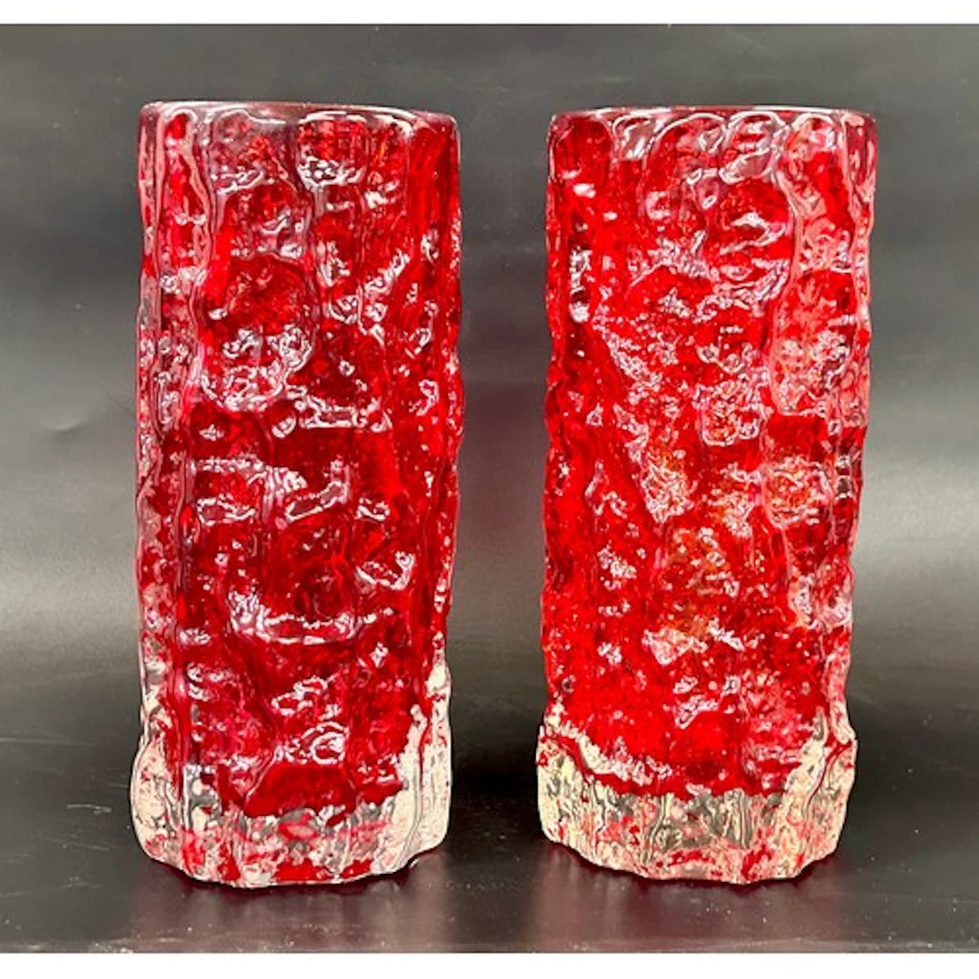 Geoffrey Baxter for Whitefriars; two textured glass Ruby Red...