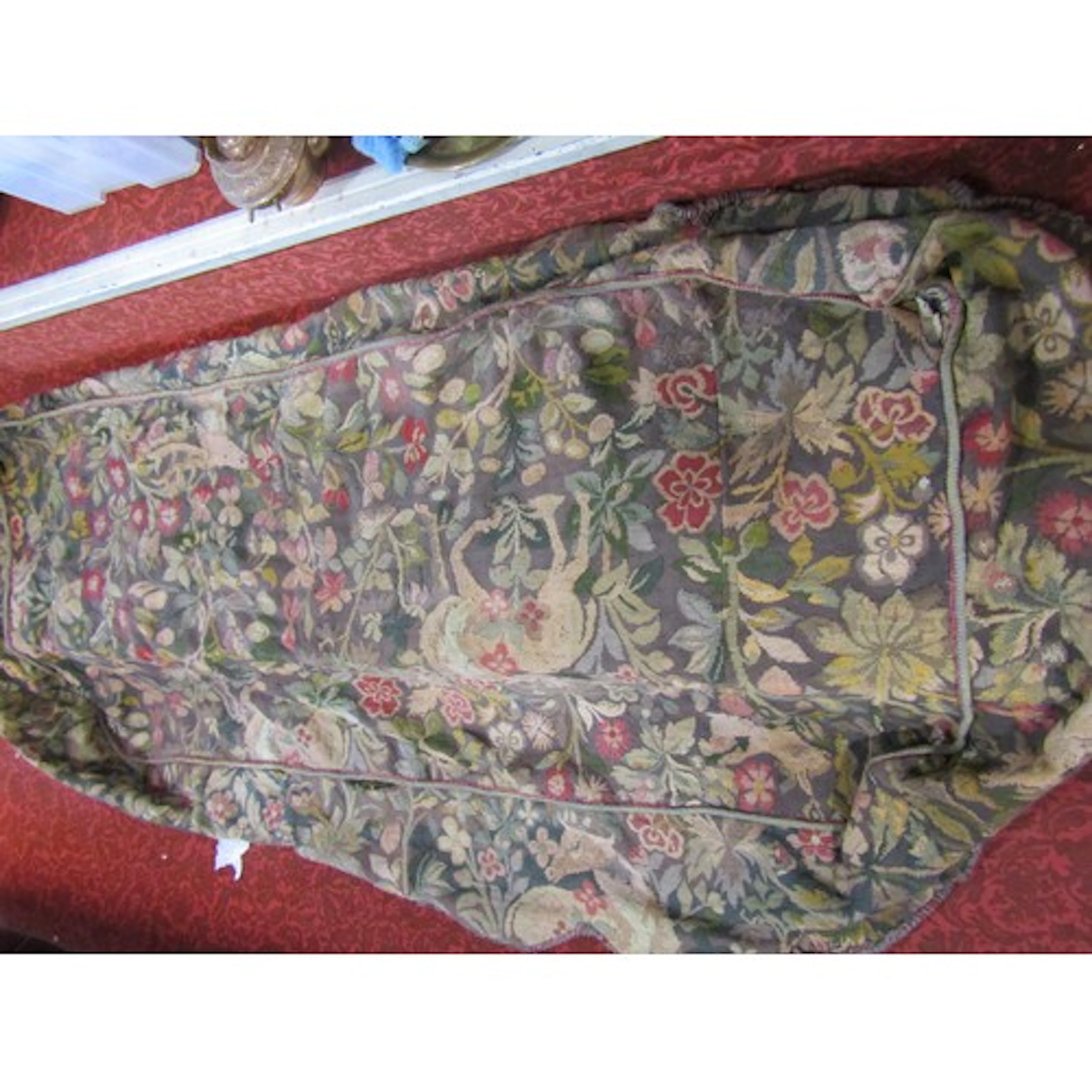 An antique tapestry single four poster bed canopy with flora...