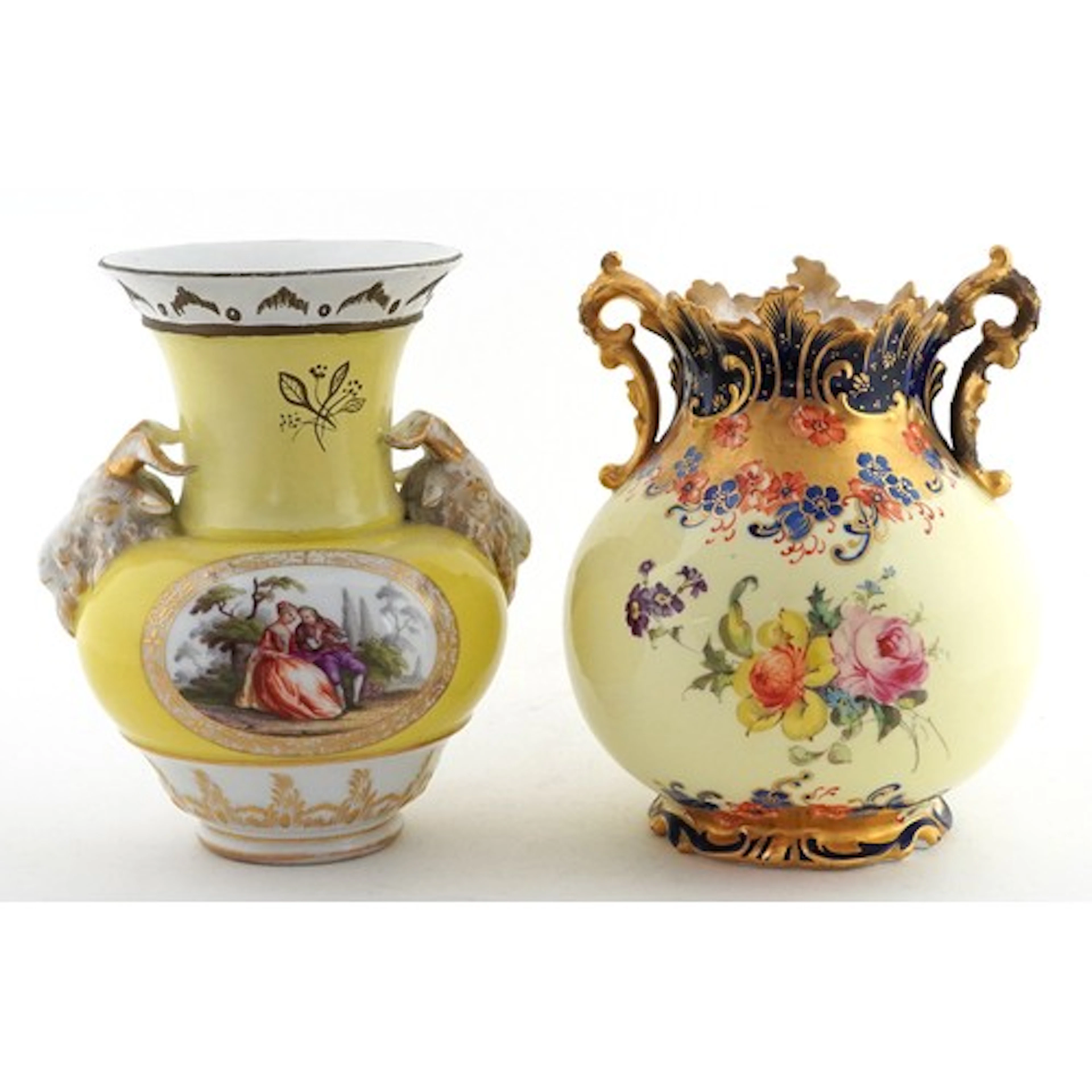 19th century KPM Berlin style vase with ram head handles, ha...