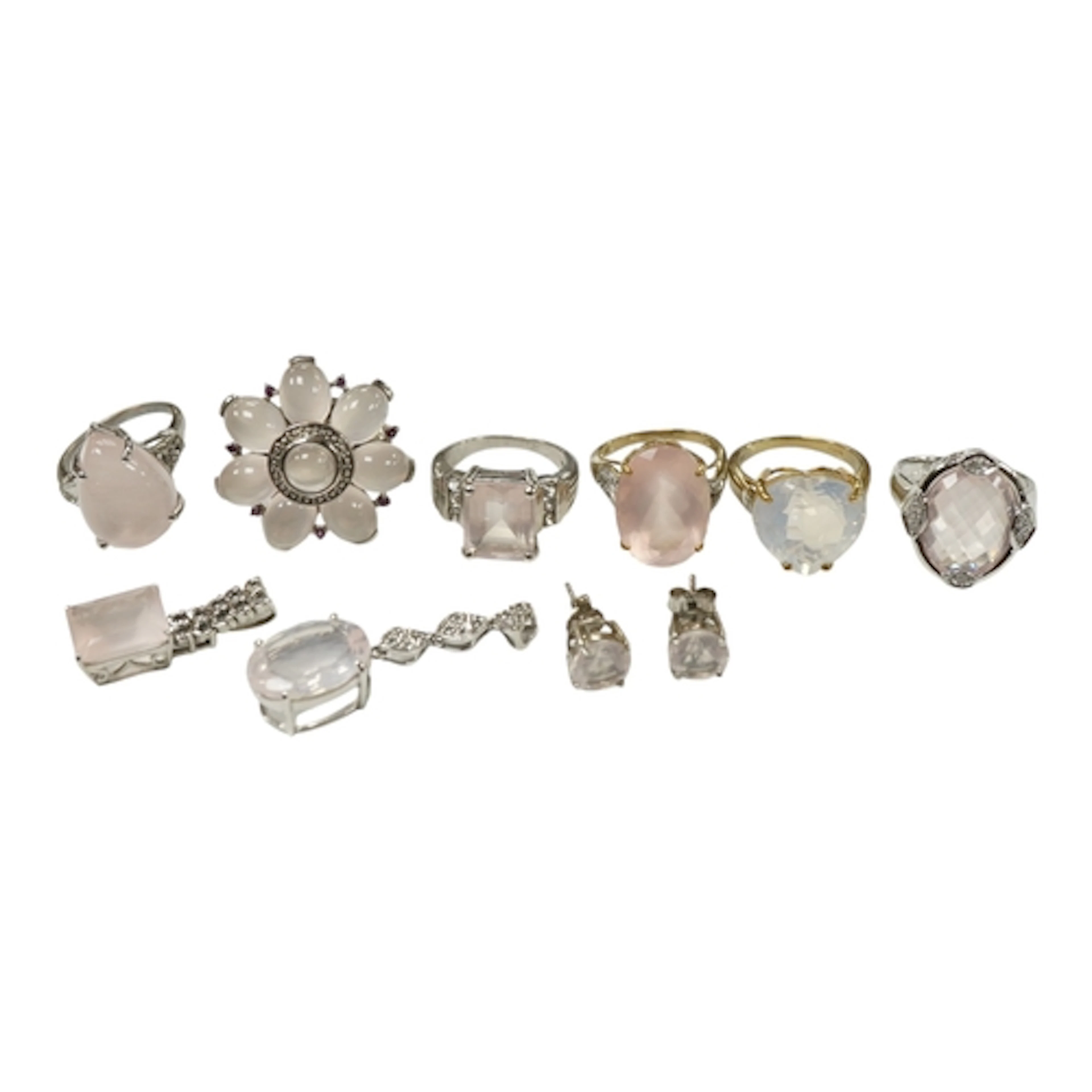 A collection of mainly 925 and rose quartz jewels, including...