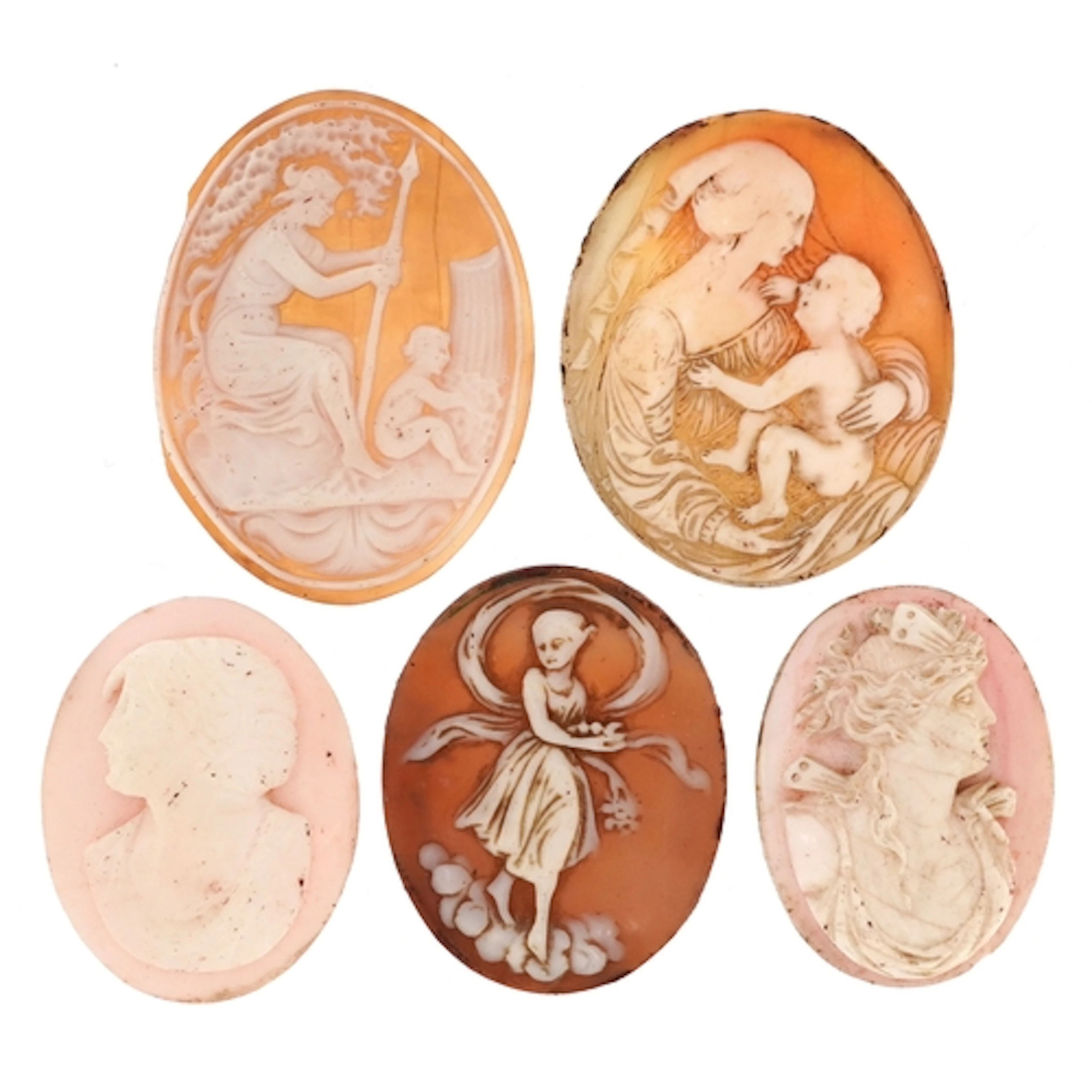 Five cameo shell panels carved with maidens and children inc...