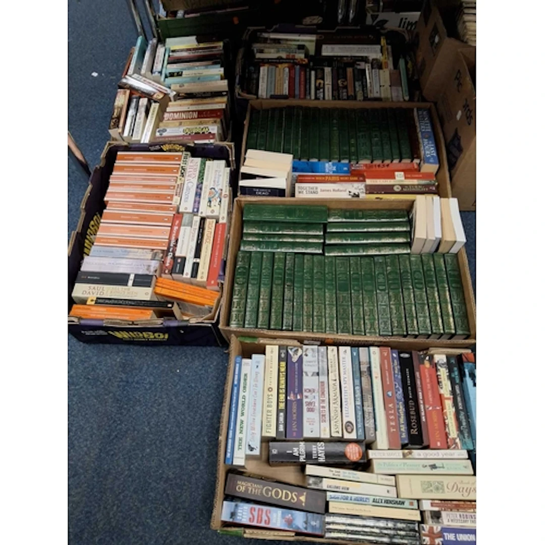 SIX BOXES MOSTLY FICTION PAPERBACK BOOKS AND GREEN LEATHER B...