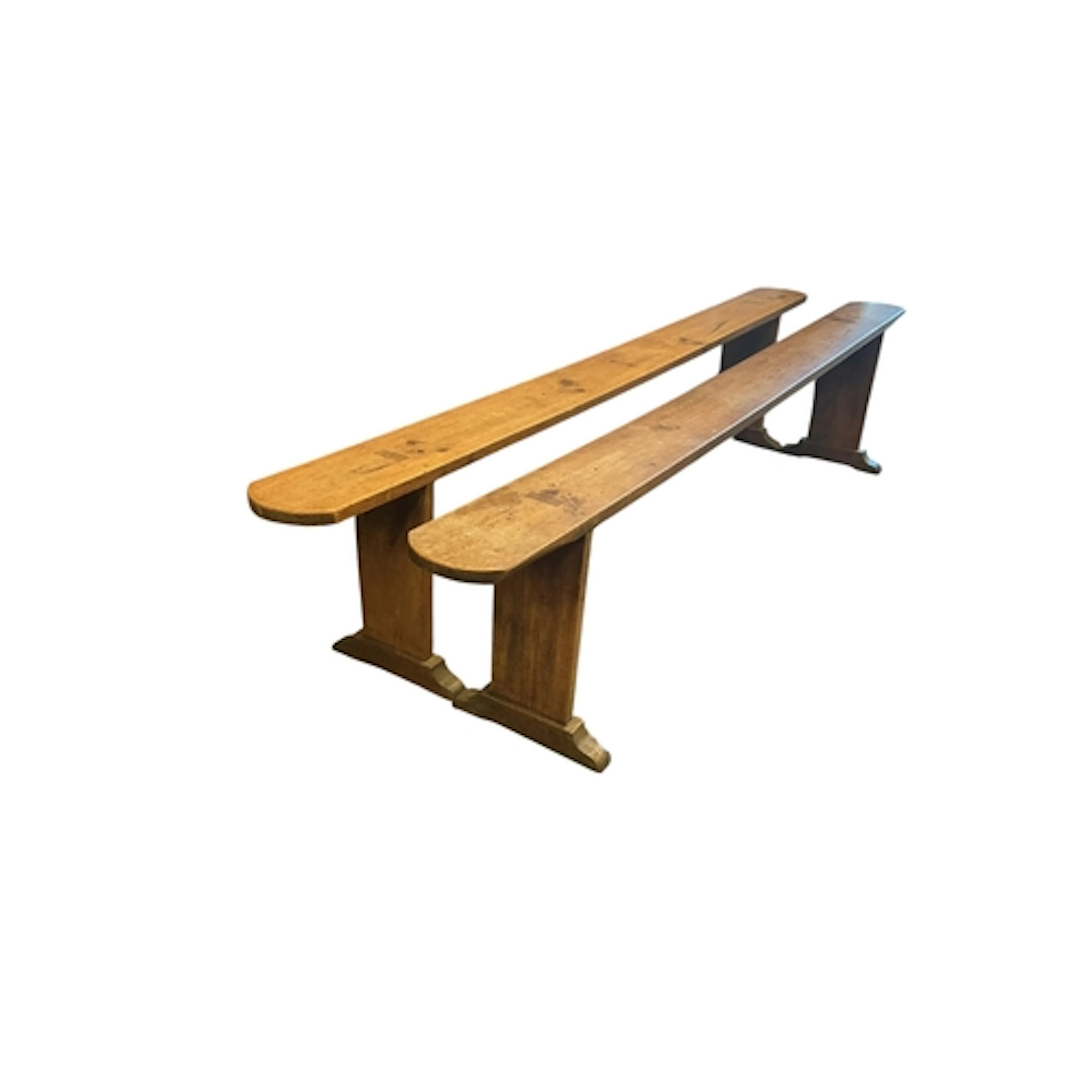 A pair of 19th century French fruitwood farmhouse benches, l...