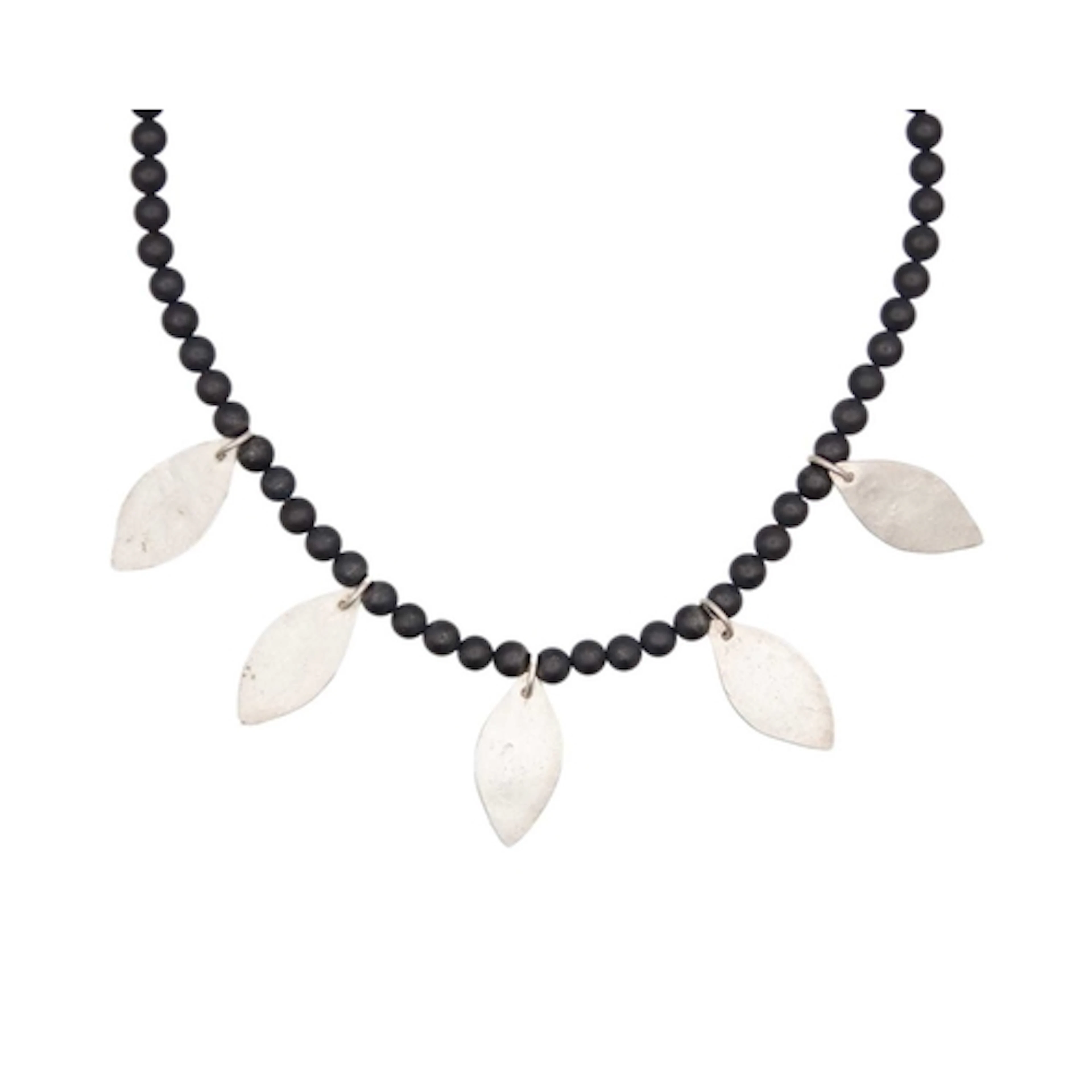 § Sarah WATSON Onyx Bead & Silver Leaf Necklace With five si...