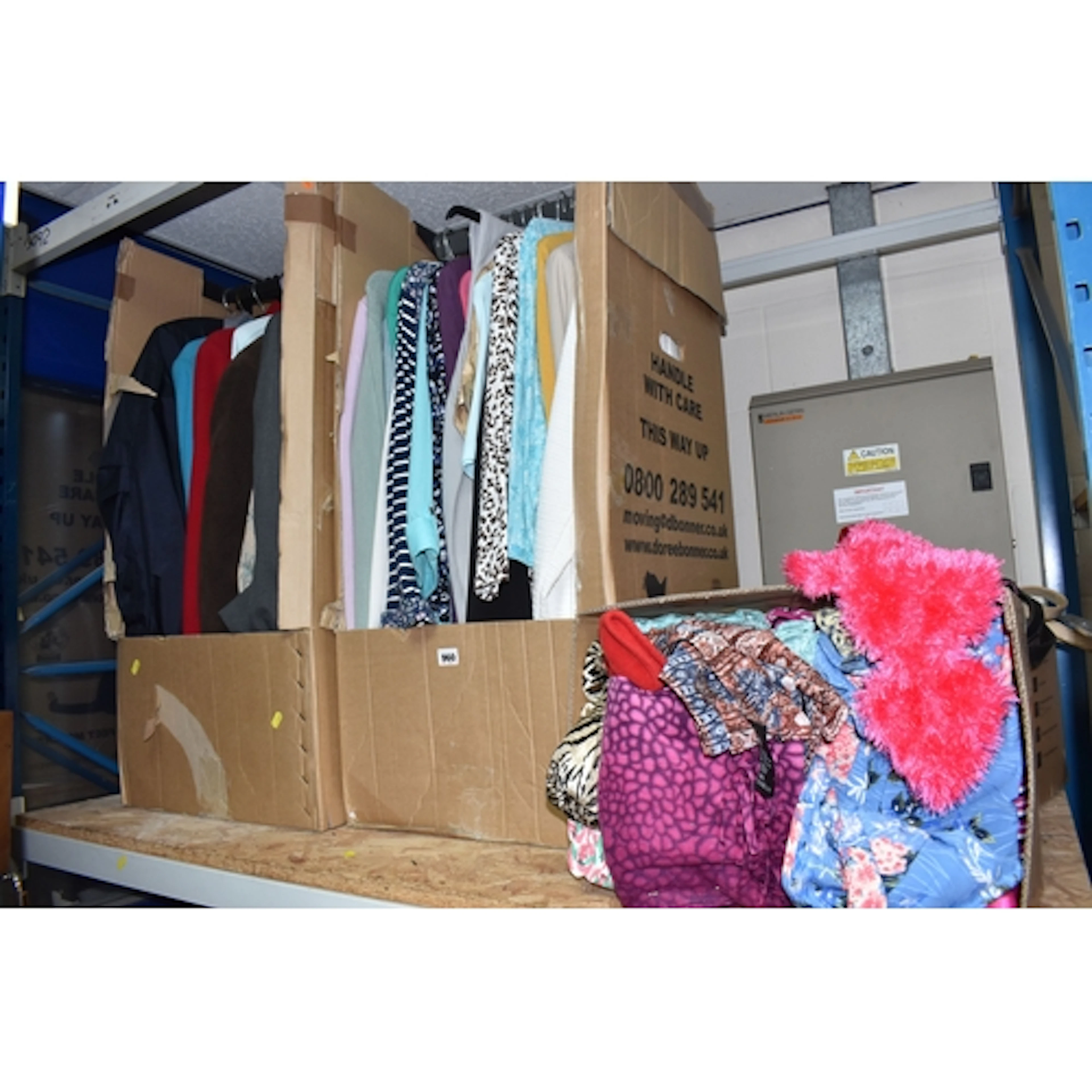 FOUR BOXES OF CLOTHES AND ACCESSORIES, mainly ladies' items ...