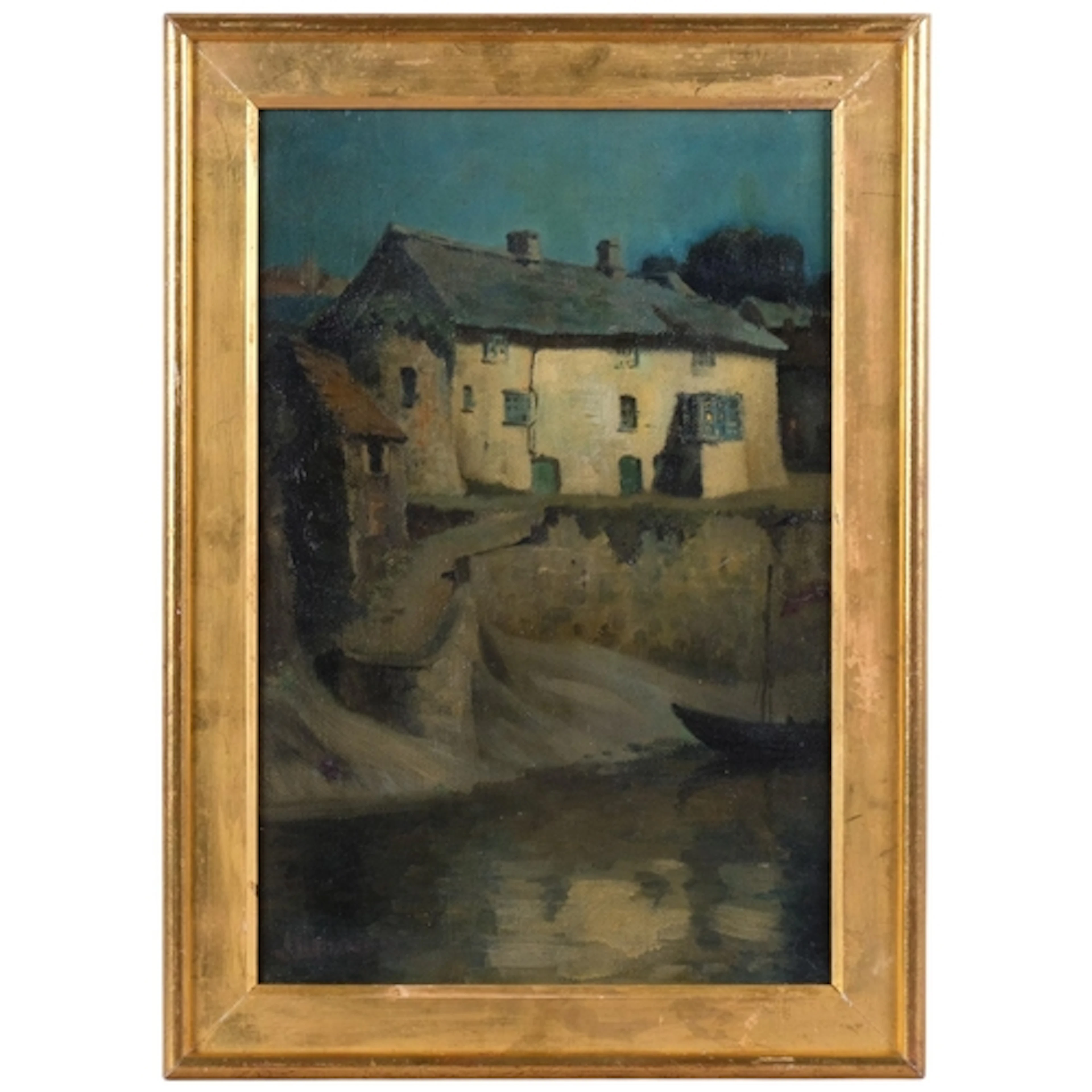 Thomas Hein (1861 - 1948), moonlit harbour buildings, oil on...