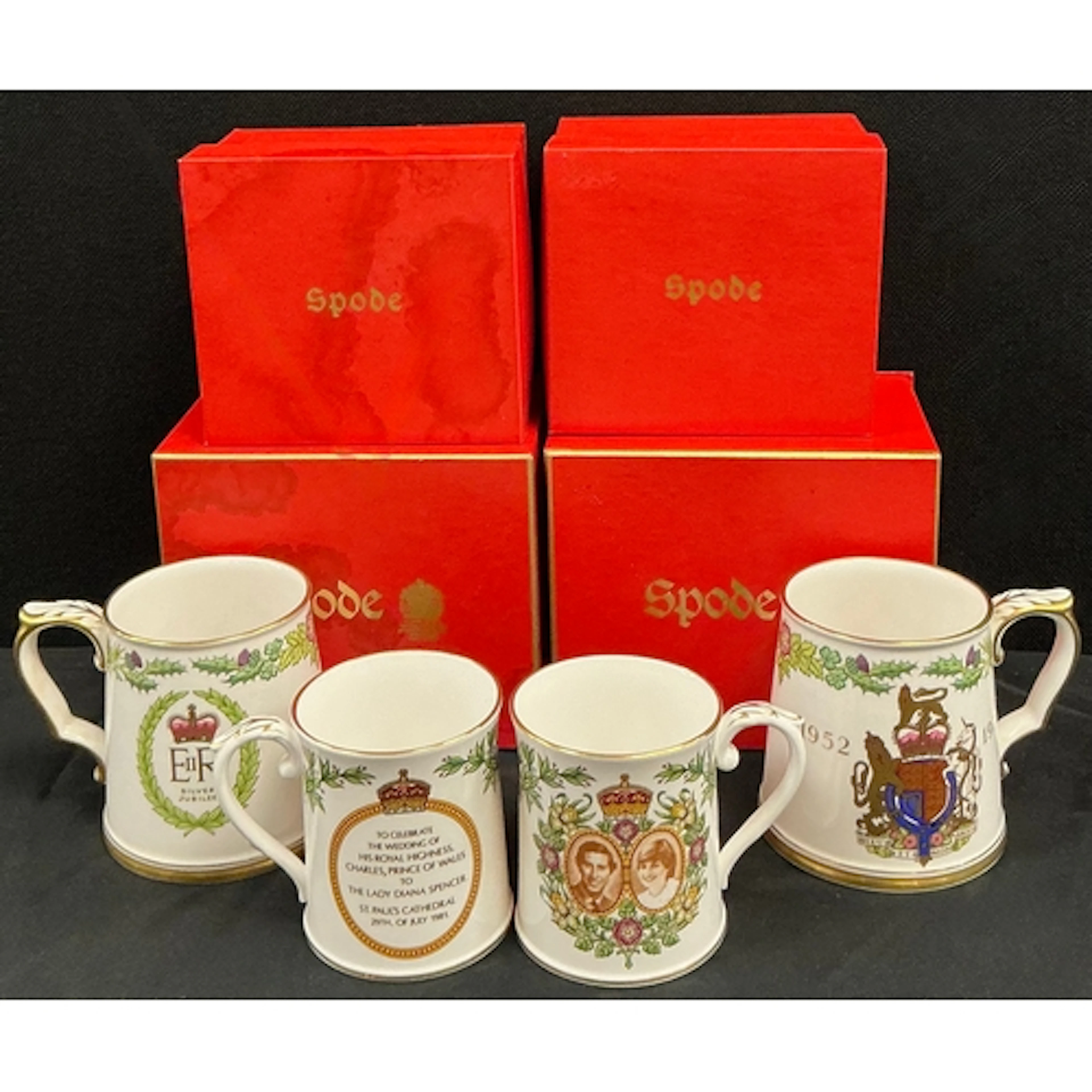 Four Spode commemorative mugs - two Queen Elizabeth II silve...