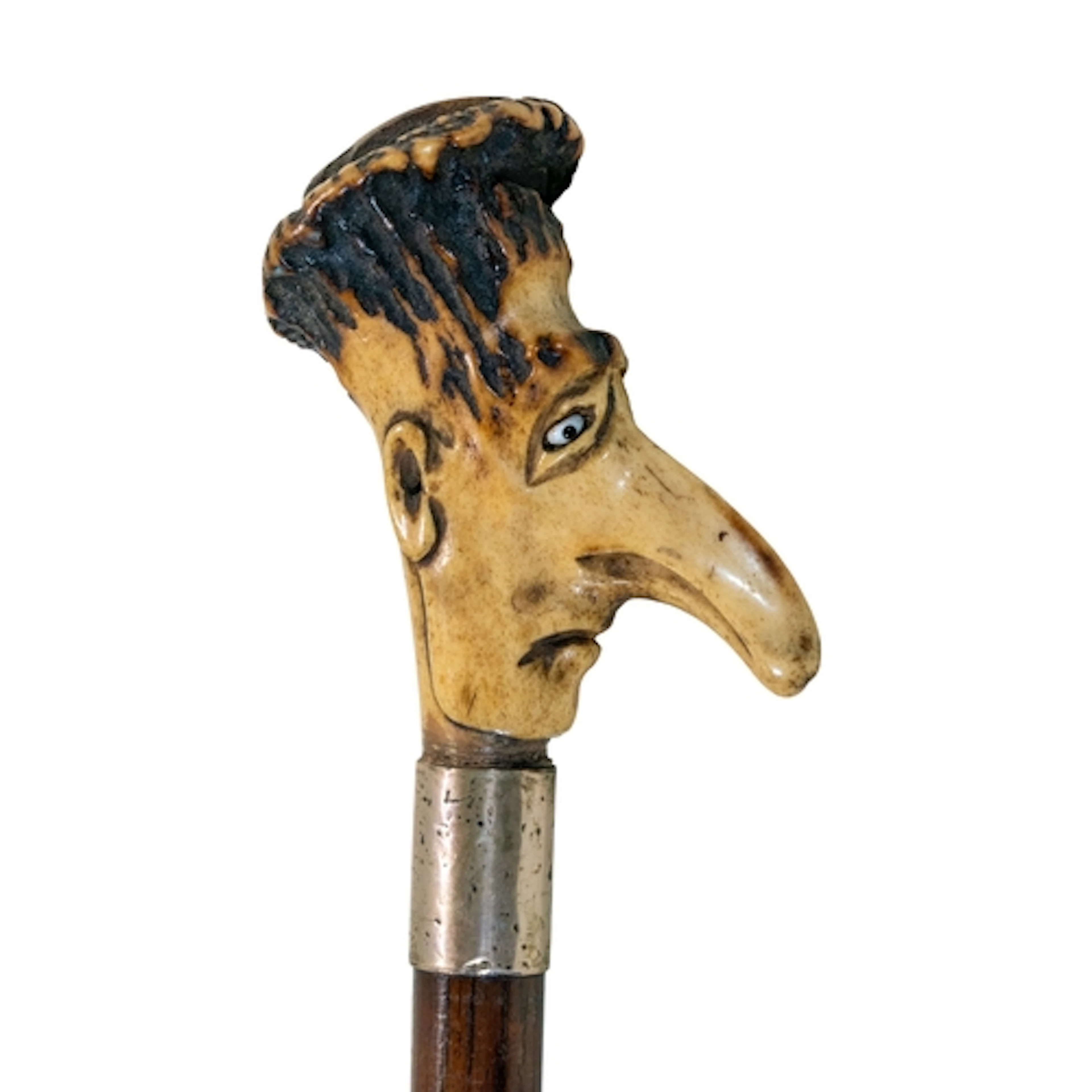 A Victorian silver collared carved stag antler figural walki...