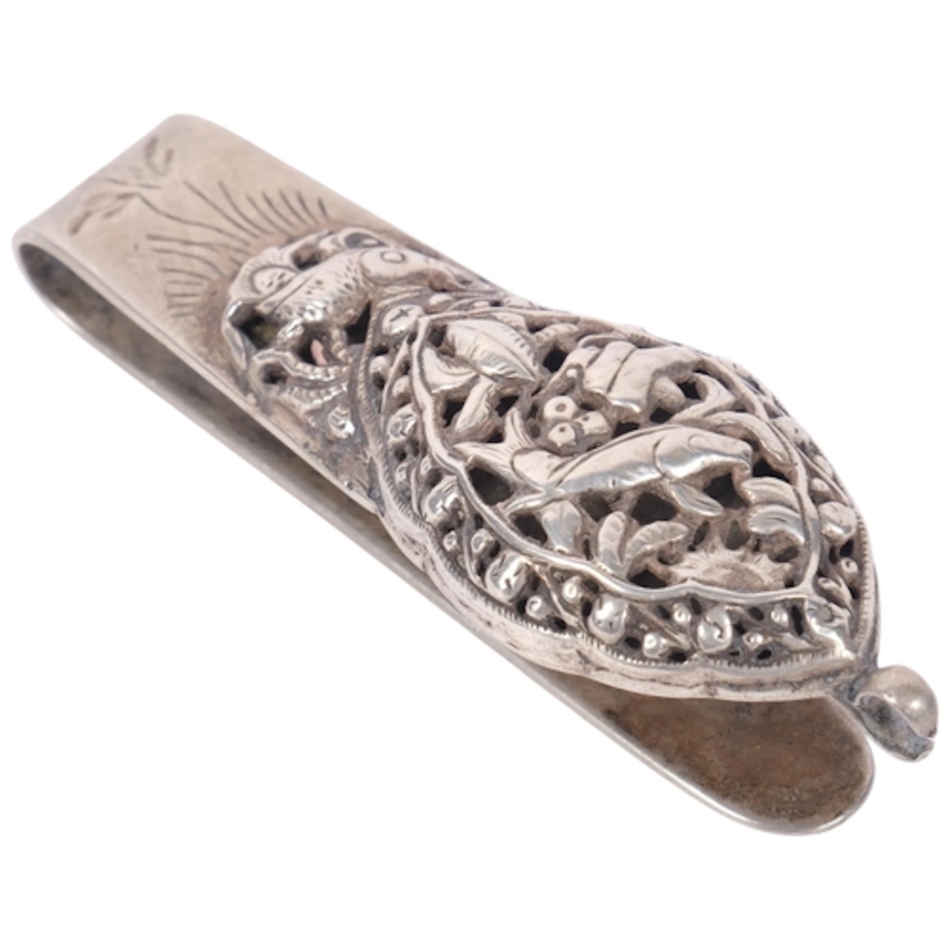 A Chinese export silver robe clip, with relief embossed and ...