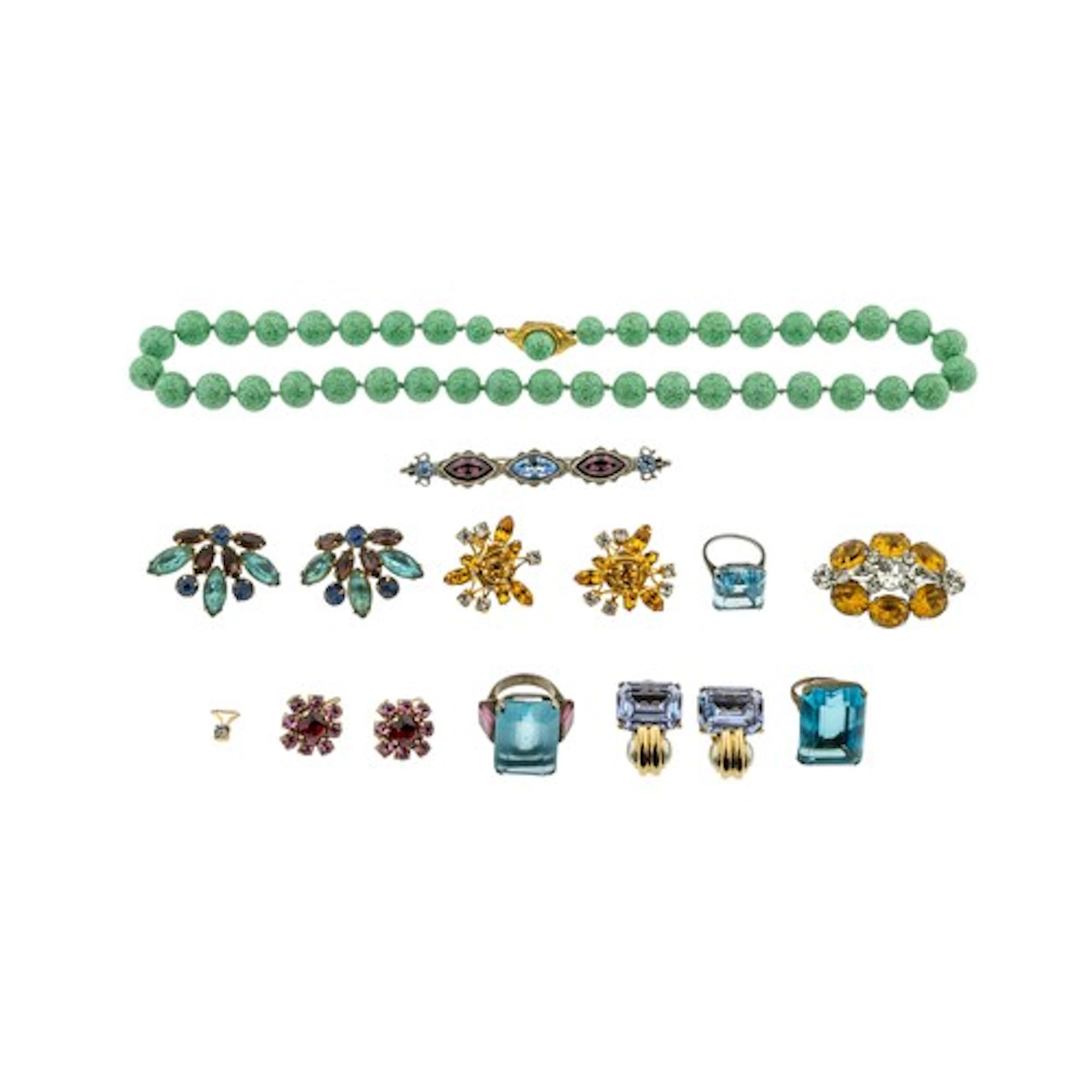 A GROUP OF COSTUME JEWELLERY, to include: a pair of yellow a...