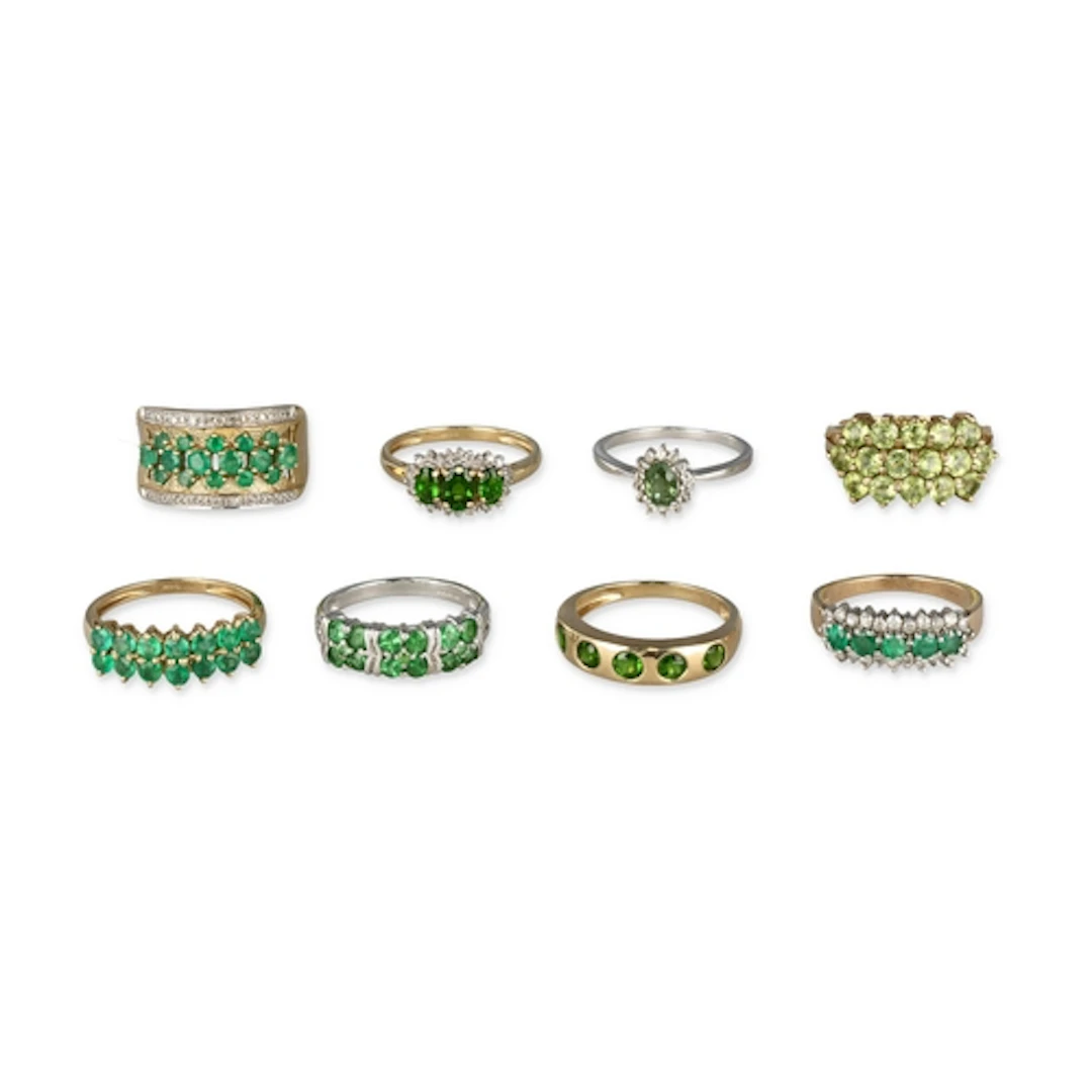 EIGHT 9CT GOLD GREEN STONE RINGS, INCLUDING EMERALDS Gross w...