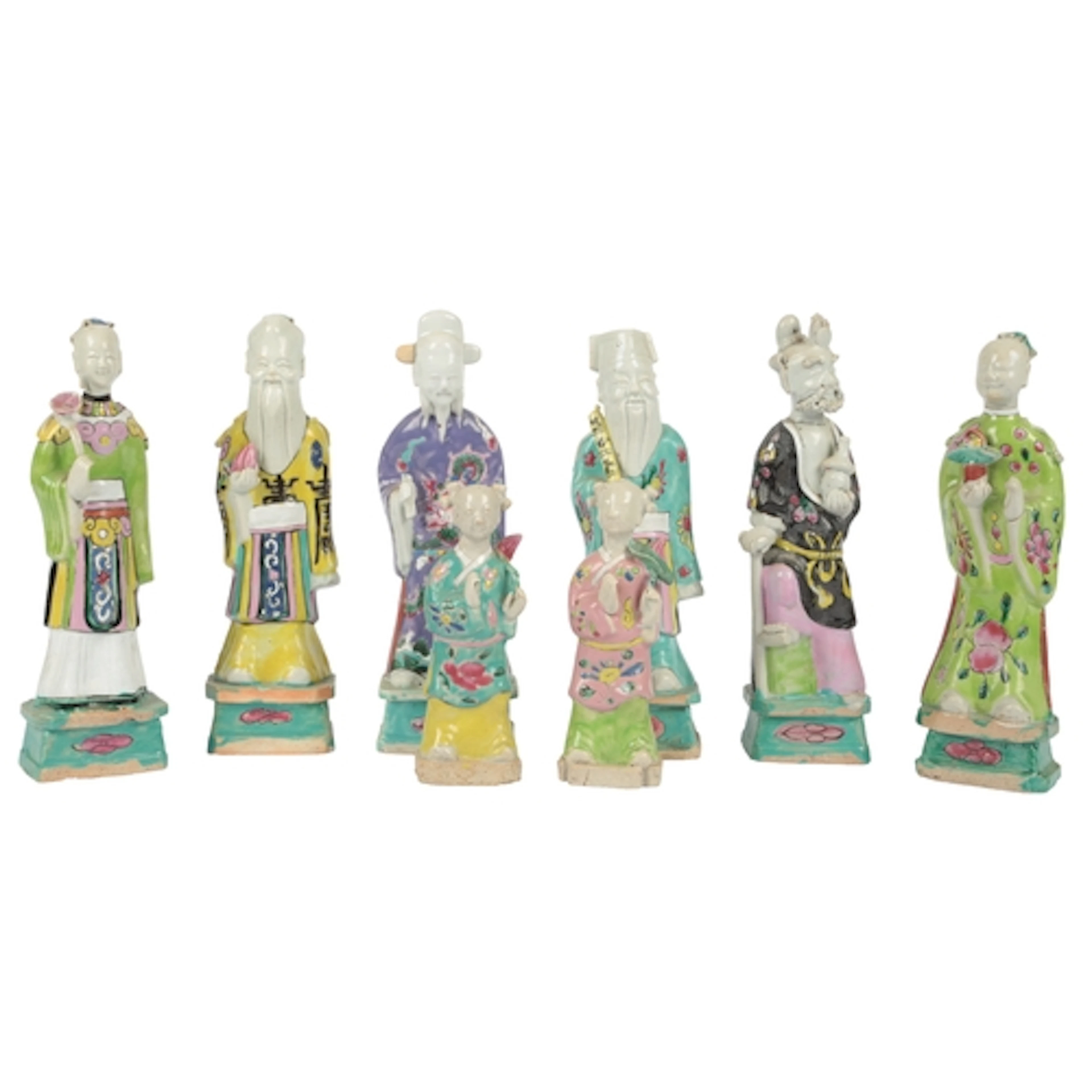 Six Chinese enamelled biscuit porcelain figures of immortals...
