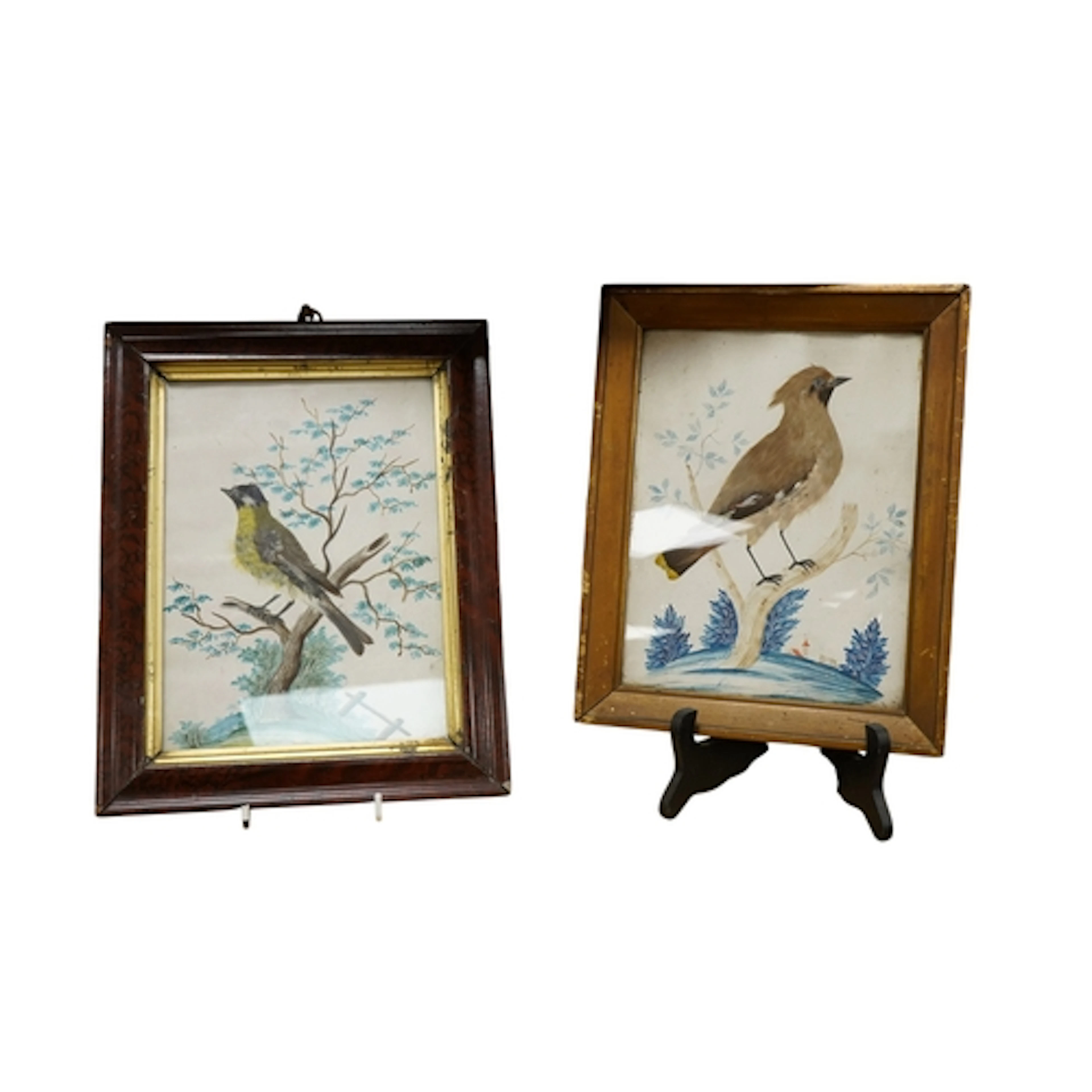 Two 19th century French watercolour and feather collage pict...