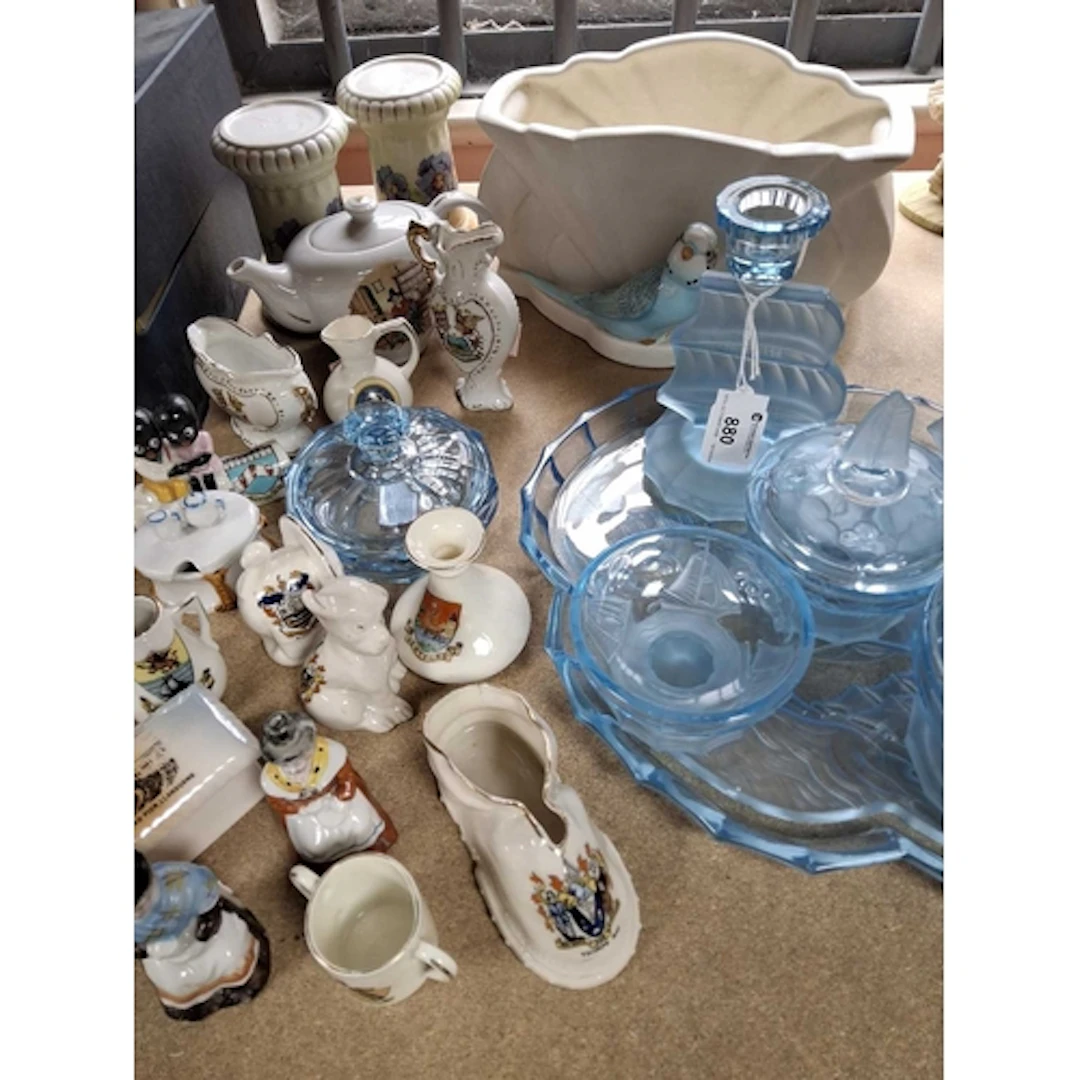 A GROUP OF CERAMICS AND GLASS, to include a blue pressed gla...