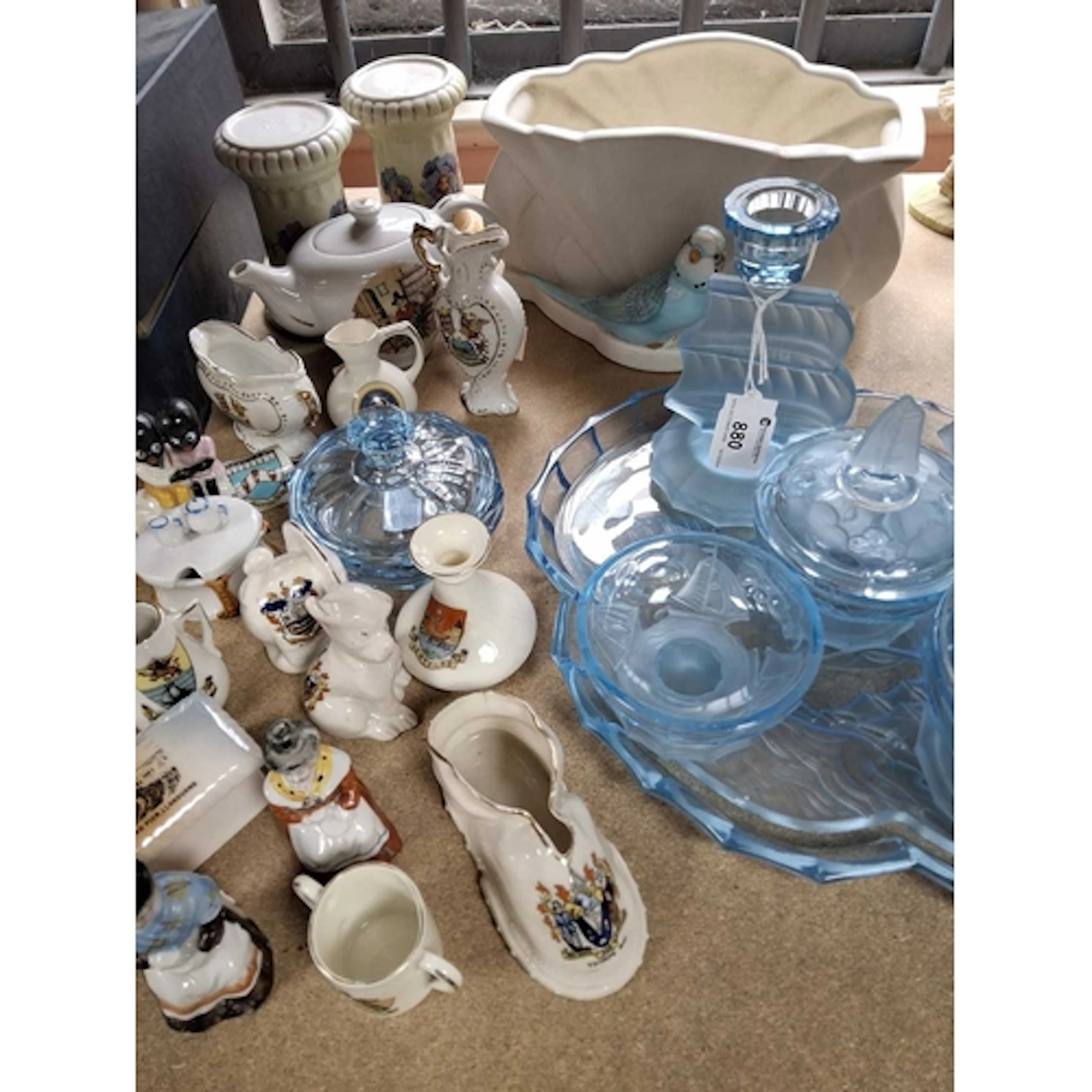 A GROUP OF CERAMICS AND GLASS, to include a blue pressed gla...