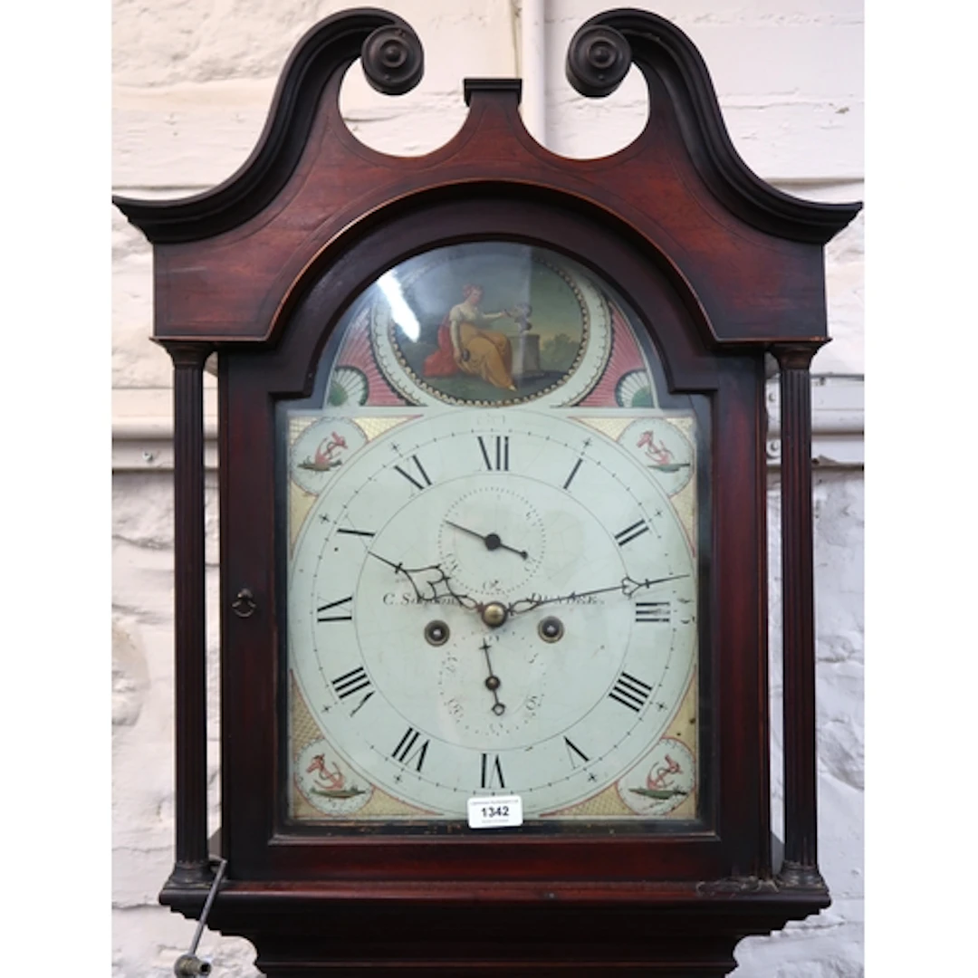 19th Century mahogany longcase clock, the painted arch top d...