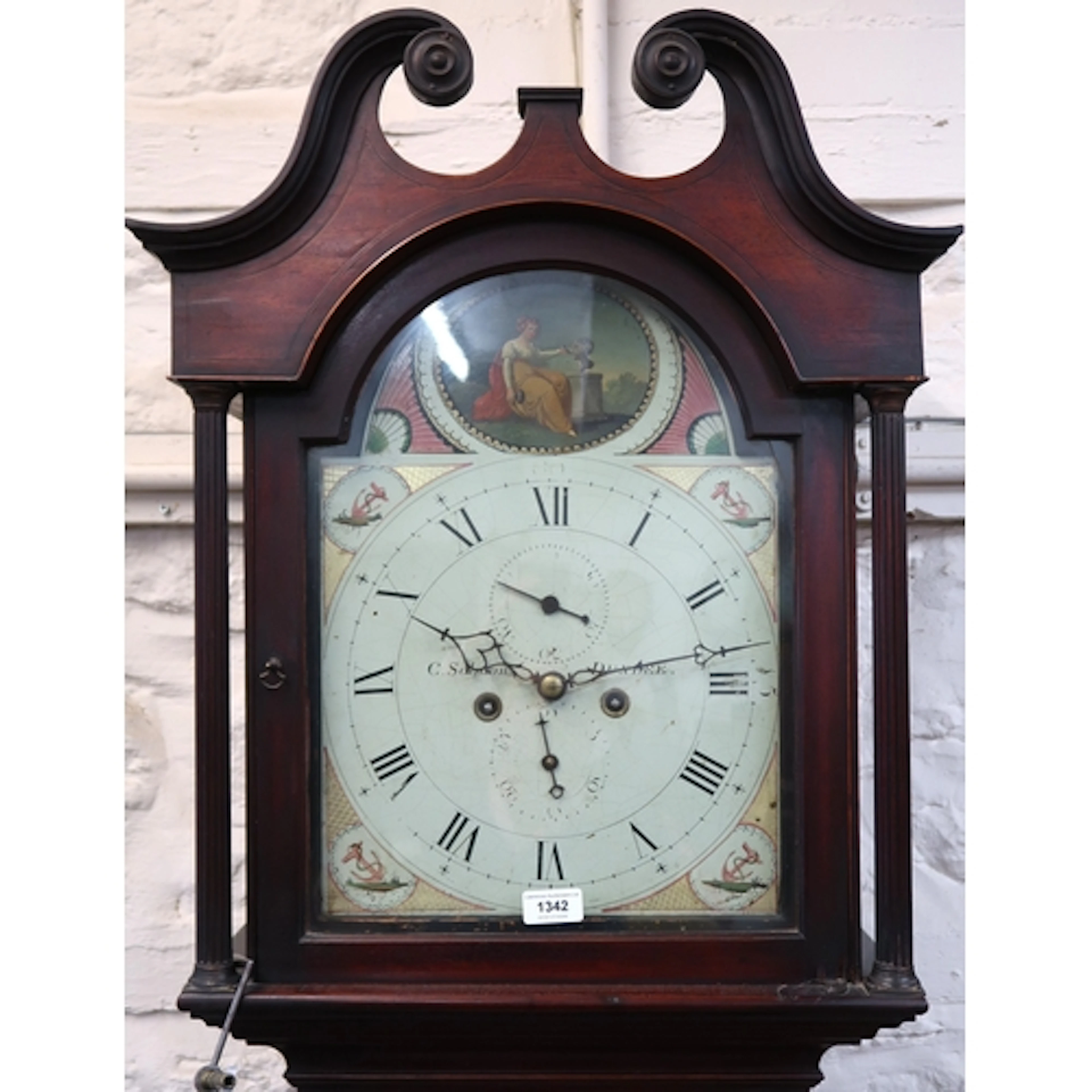 19th Century mahogany longcase clock, the painted arch top d...