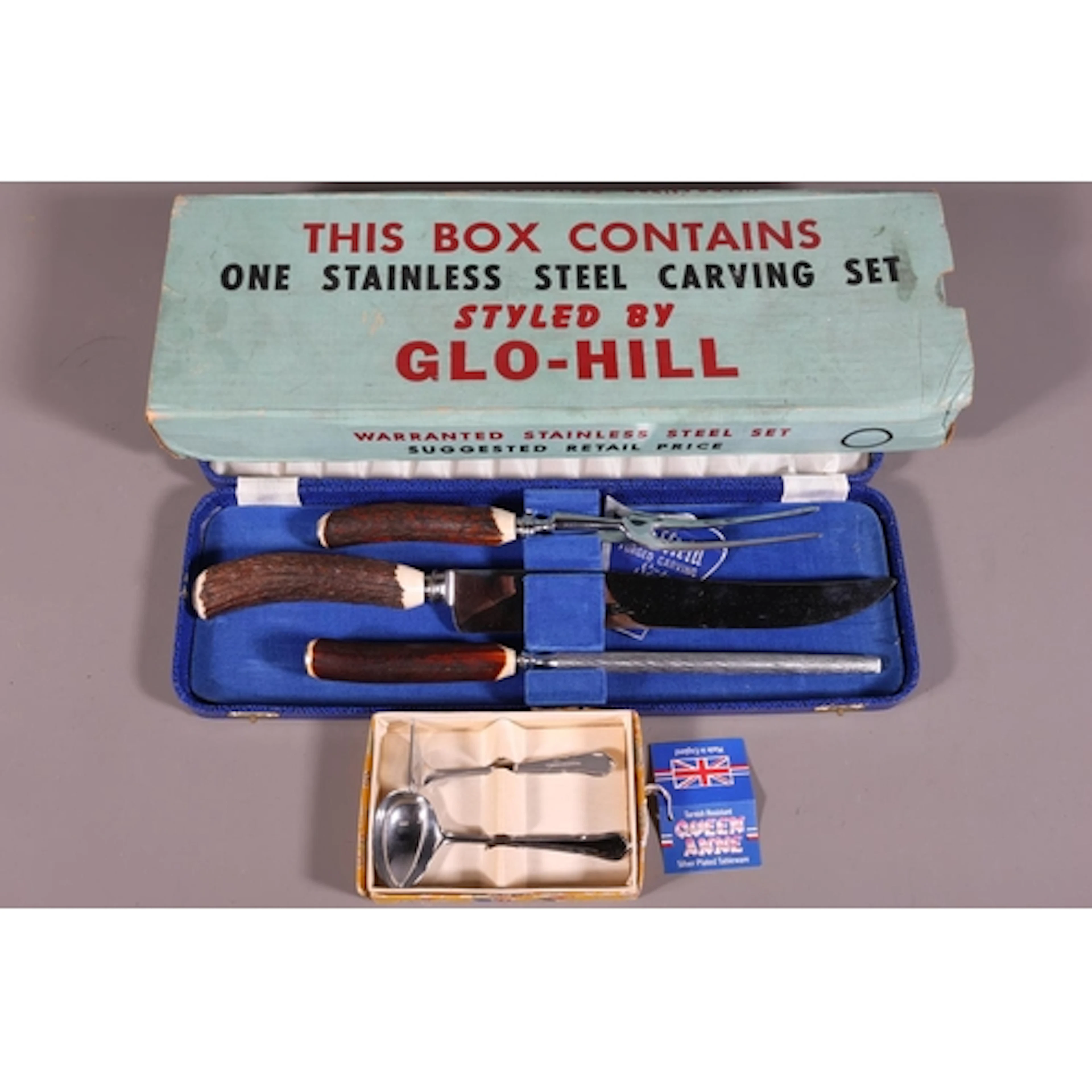 Stainless steel carving set by Glo-hil and a christening set...