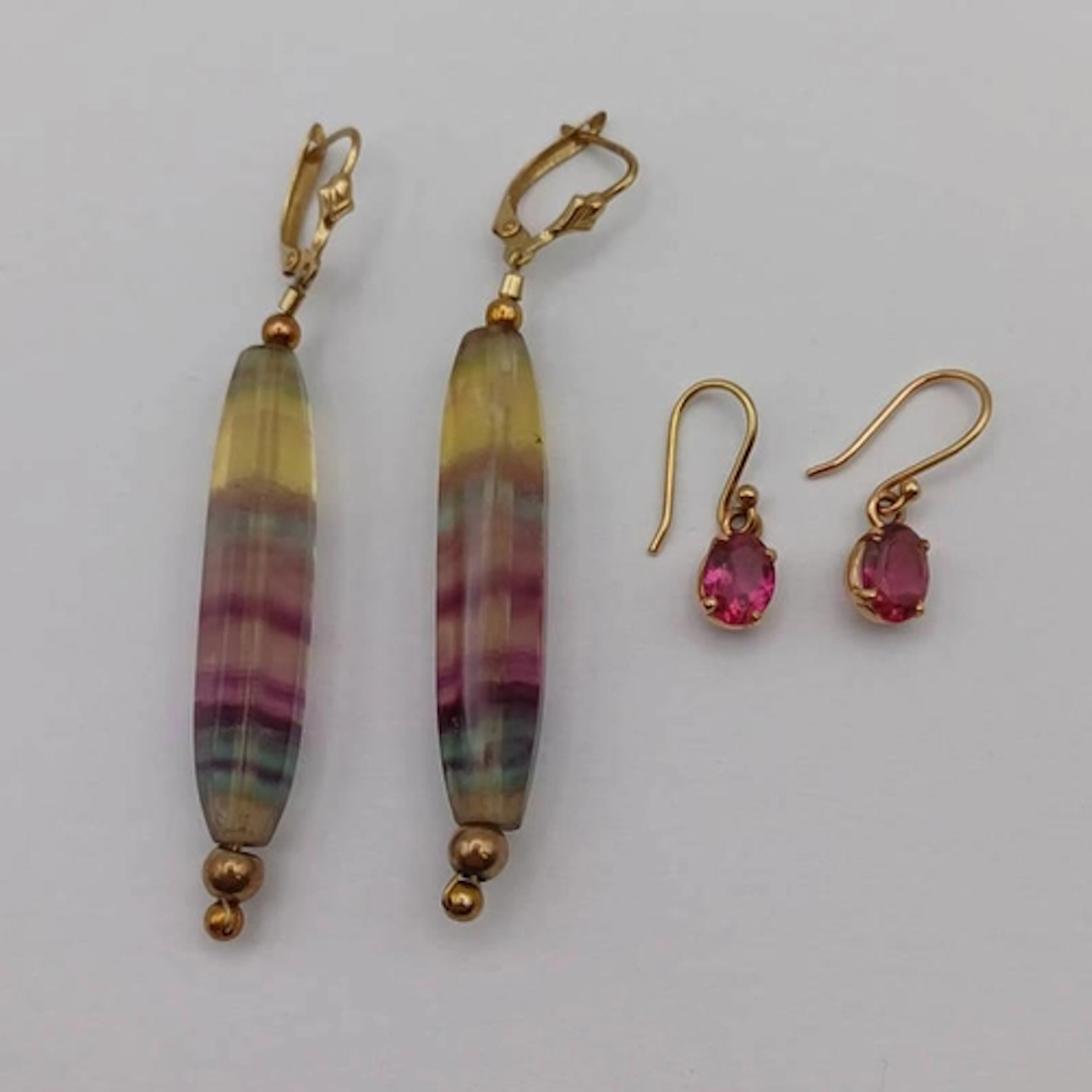 PAIR OF 9CT GOLD RAINBOW FLUORITE FACETED EAR DROPS & A PAIR...
