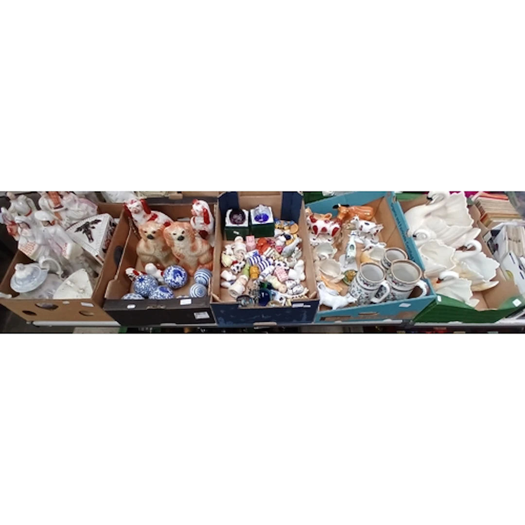 5 boxes of mixed items to include Staffordshire figures and ...
